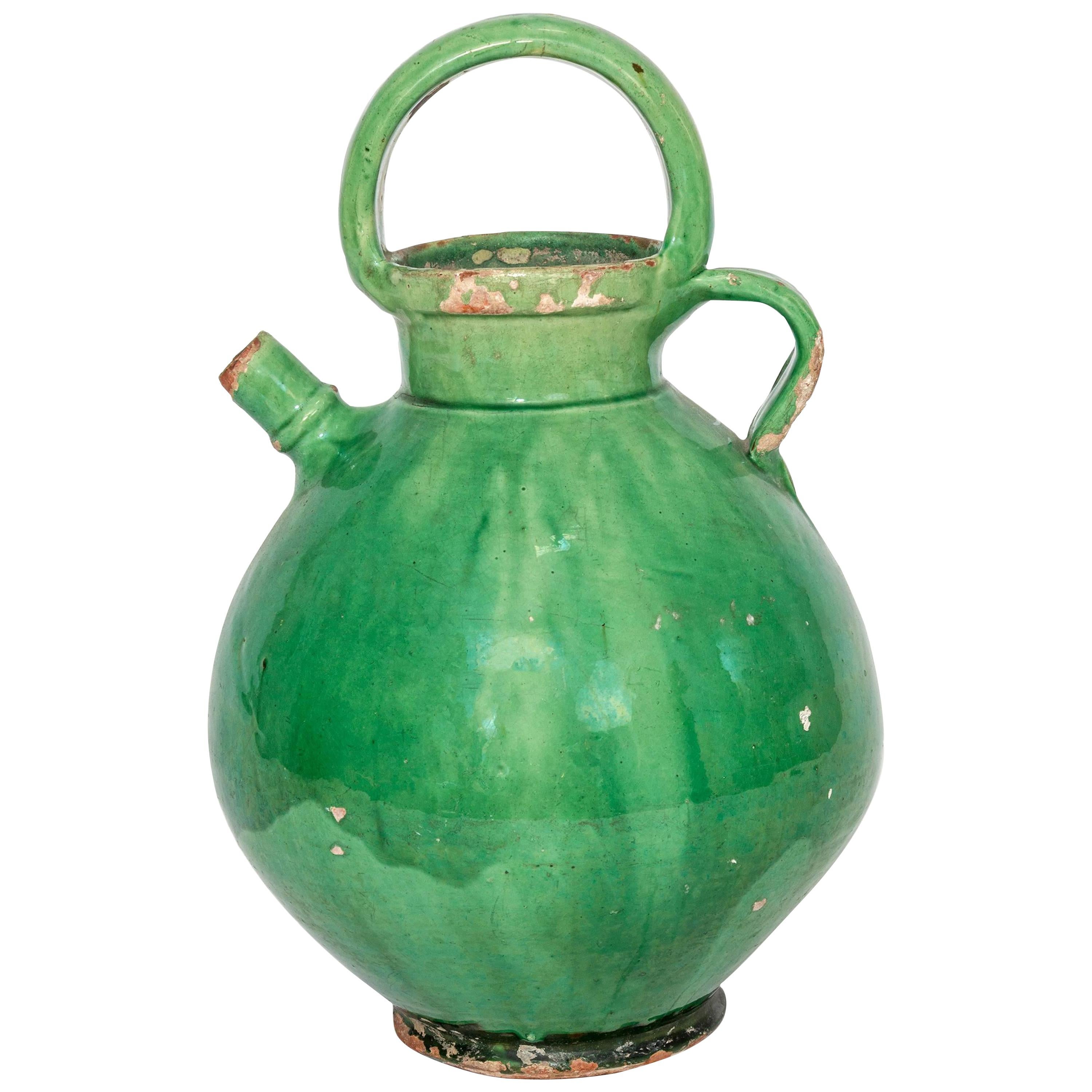 Large Green French Crockery Oil Vessel with handles