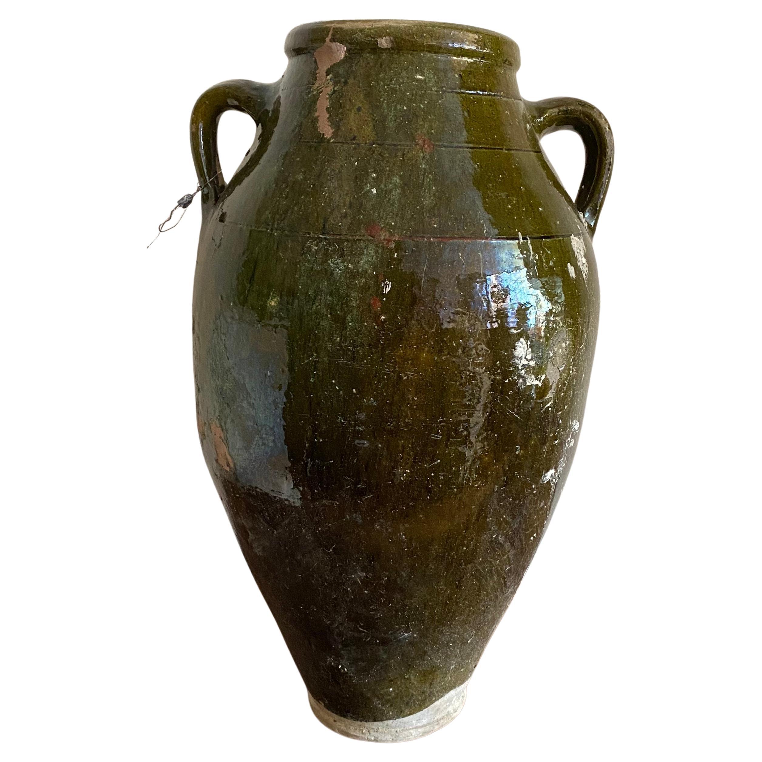 Chunky Green Glazed Ceramic Rustic Urn Olive Jar Vase Plant Pot Crackled Large 