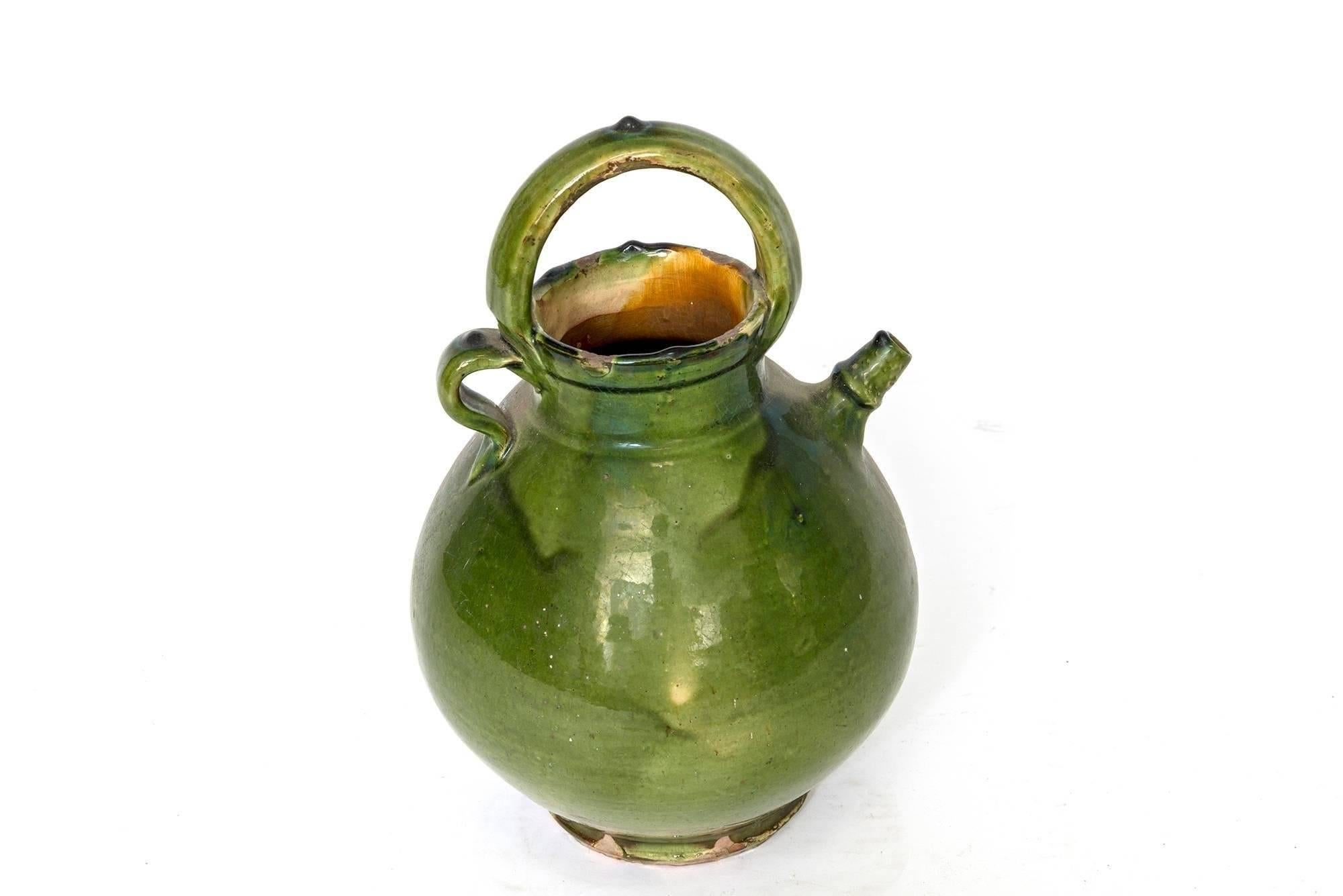 Glazed Large Green French Pottery Oil Vessel