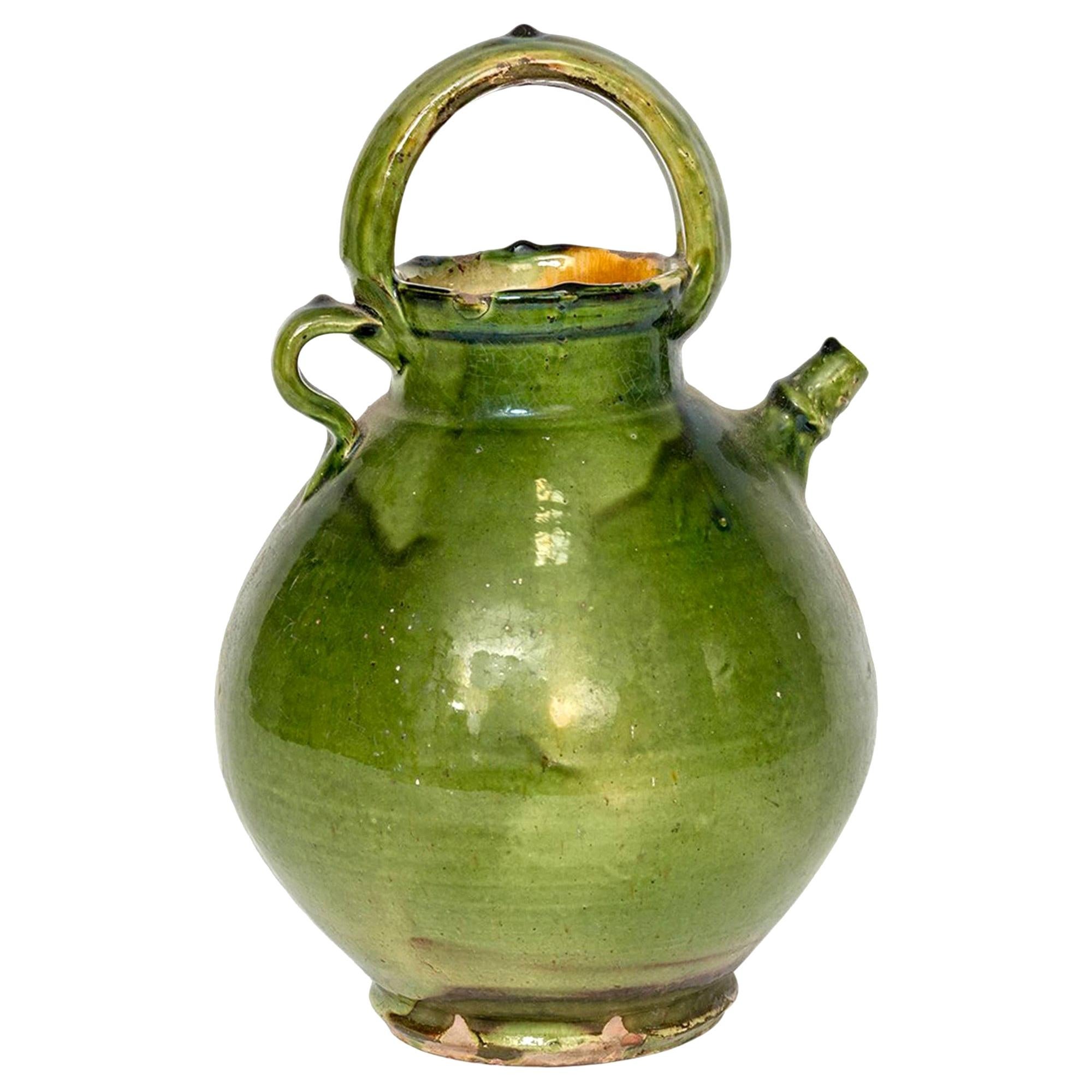 Large Green French Pottery Oil Vessel