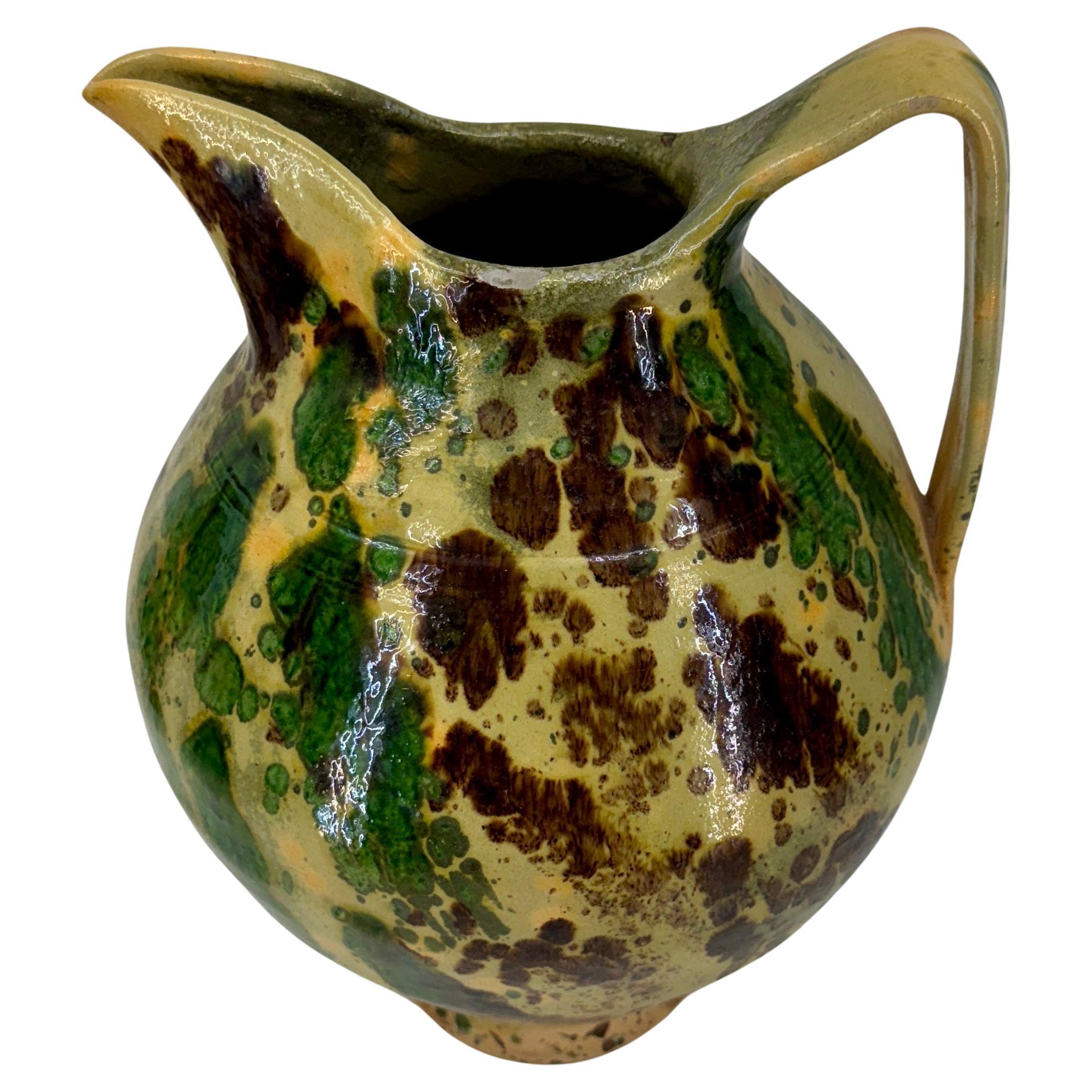 Large Green French Vintage Pottery Jaspe Glazed Pitcher For Sale 6