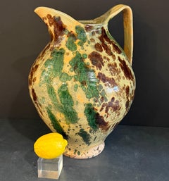 Large Green French Vintage Pottery Jaspe Glazed Pitcher