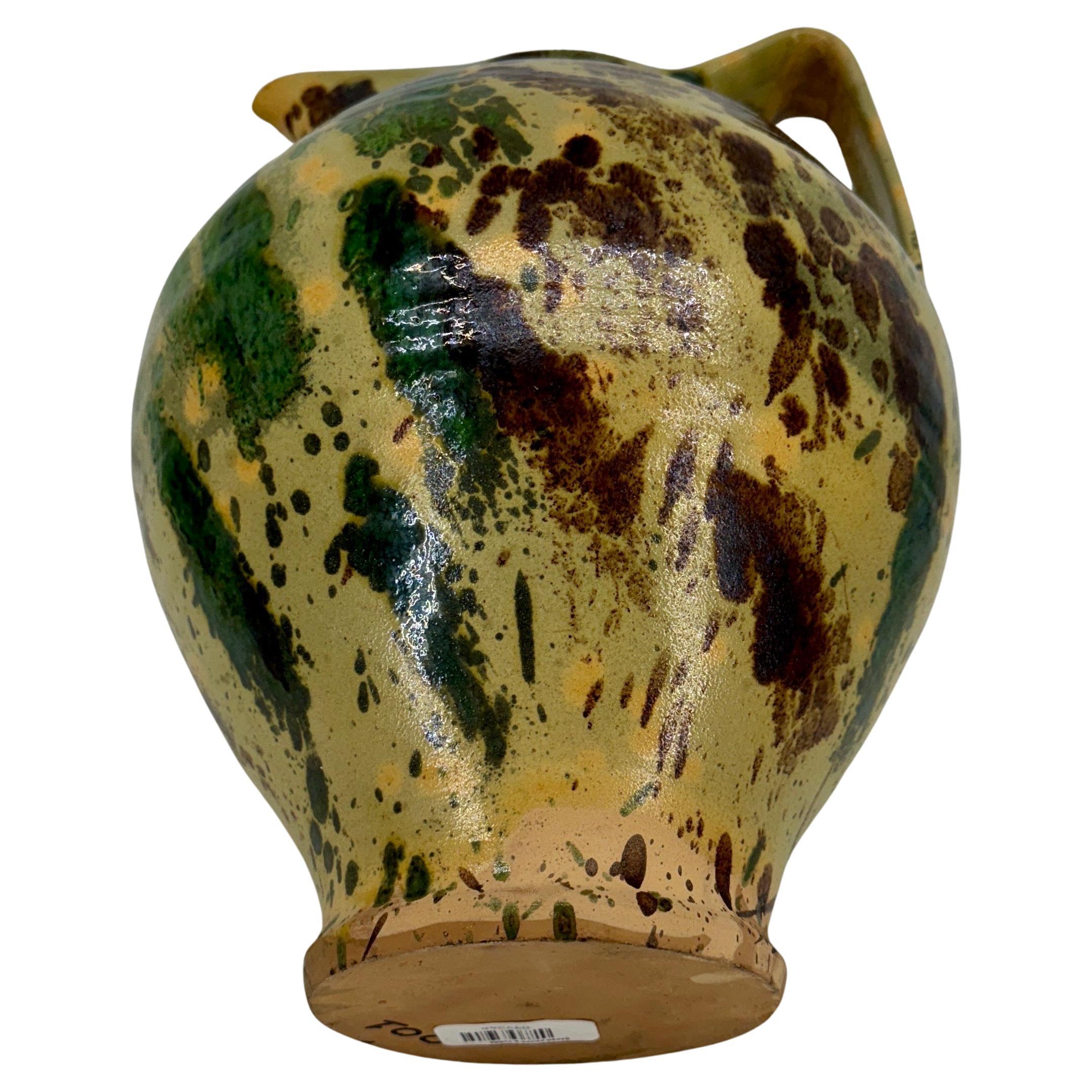 Large Green French Vintage Pottery Jaspe Glazed Pitcher In Good Condition For Sale In Haddonfield, NJ