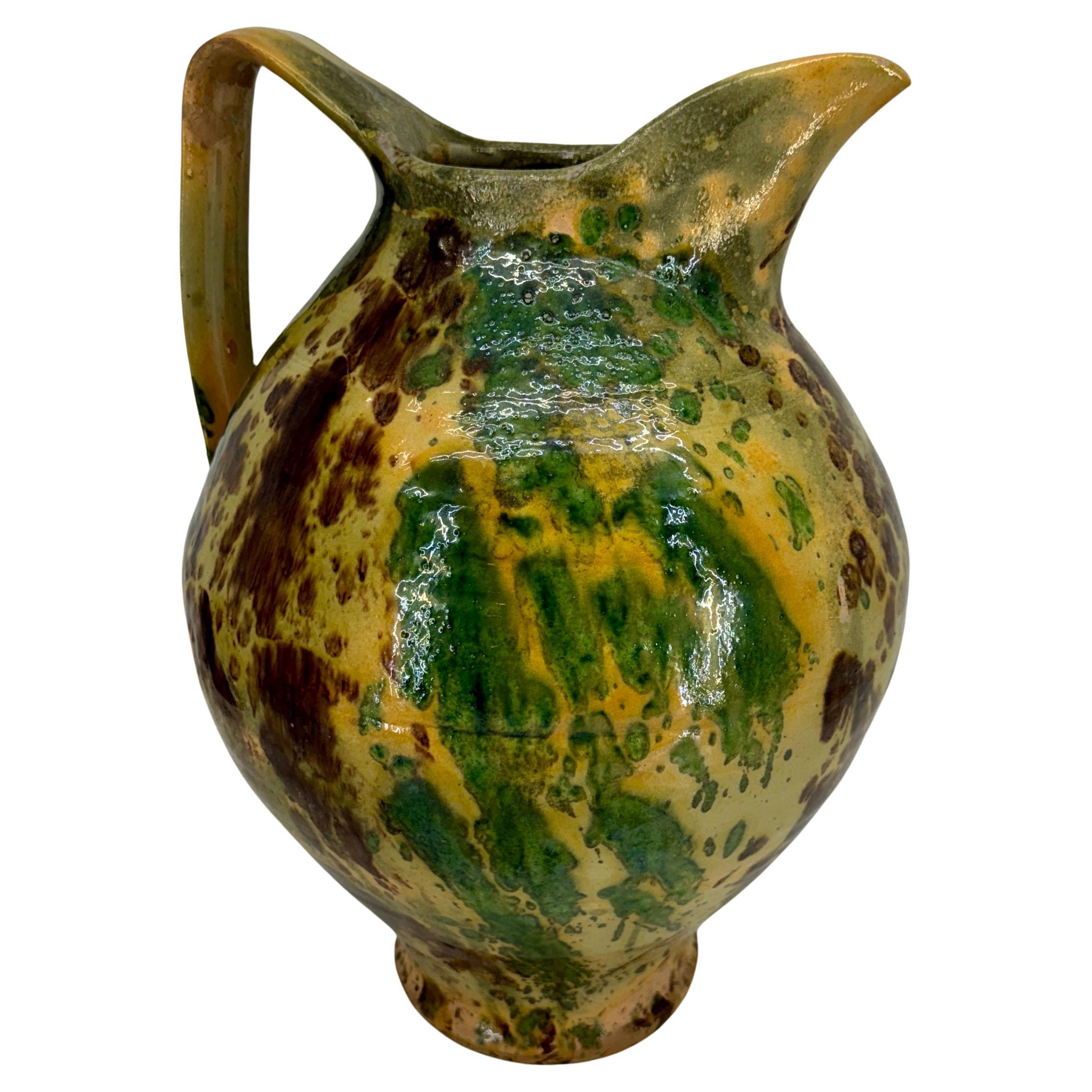 20th Century Large Green French Vintage Pottery Jaspe Glazed Pitcher For Sale