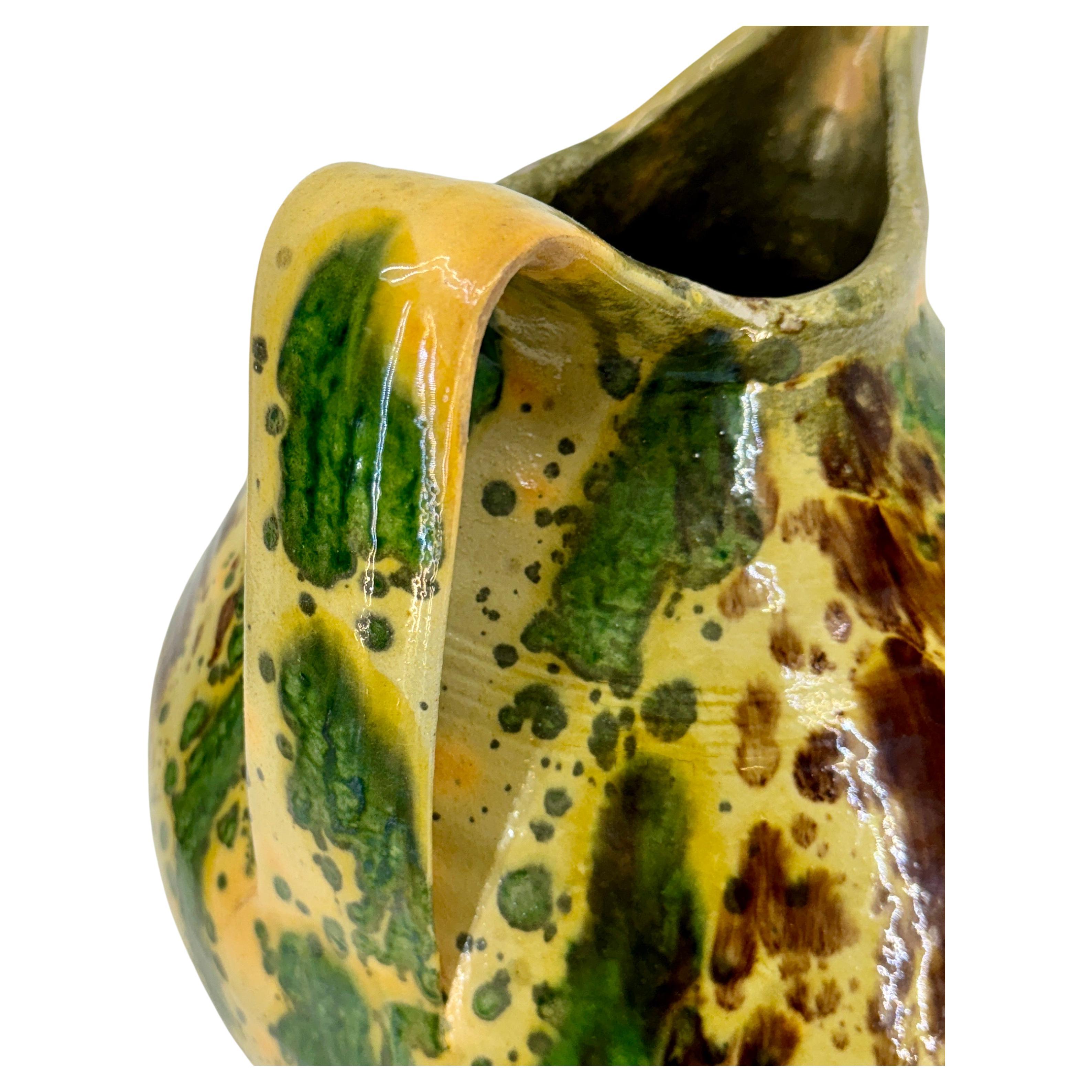Large Green French Vintage Pottery Jaspe Glazed Pitcher For Sale 3