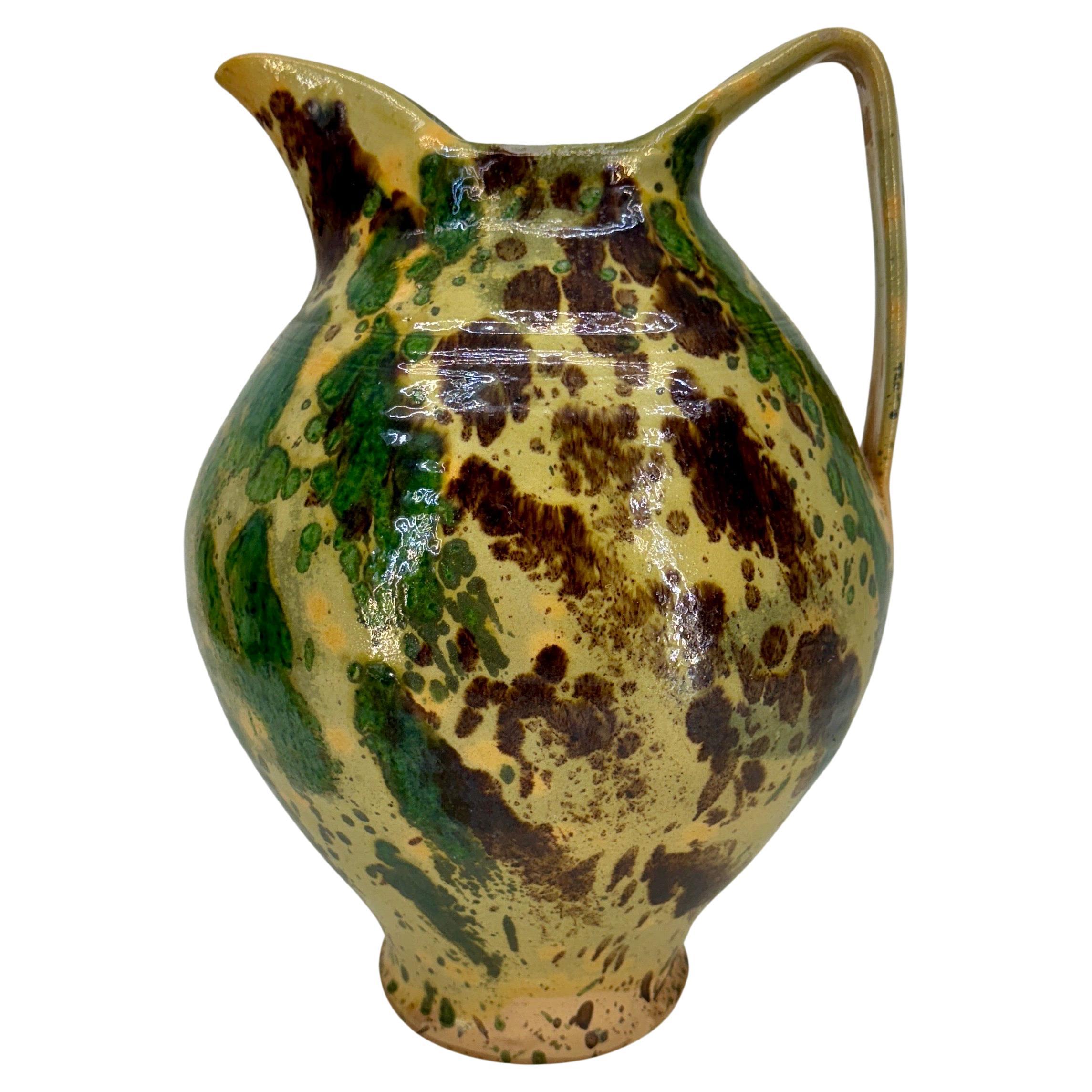 Large Green French Vintage Pottery Jaspe Glazed Pitcher For Sale