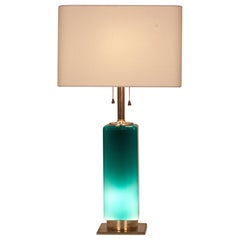 Large Green Glass and Brass Table Lamp Metalarte, Spain, 1950s