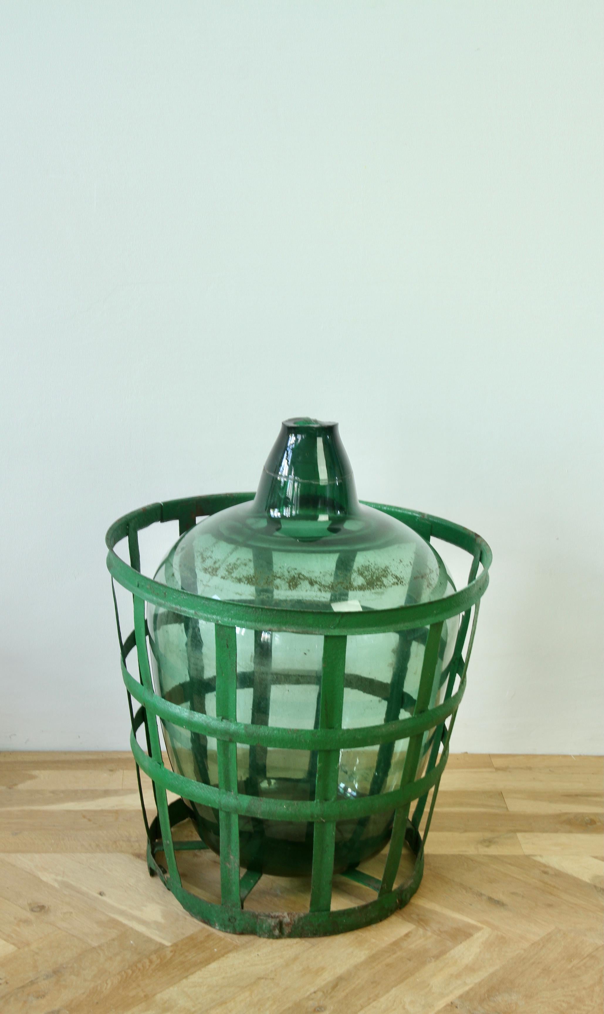 Large Green Glass Hungarian Demijohn, Amphora or Vase with Original Iron Basket For Sale 3