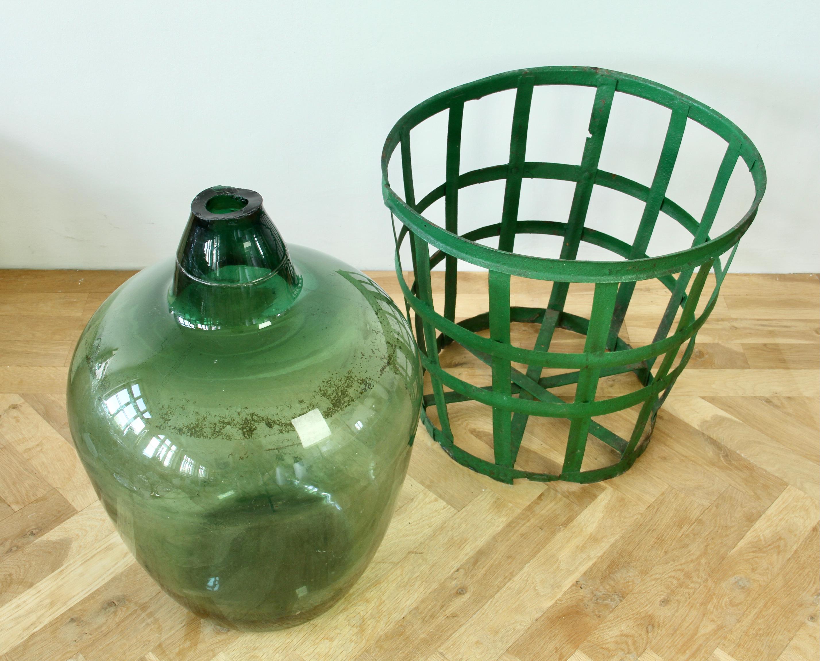 Large Green Glass Hungarian Demijohn, Amphora or Vase with Original Iron Basket For Sale 8