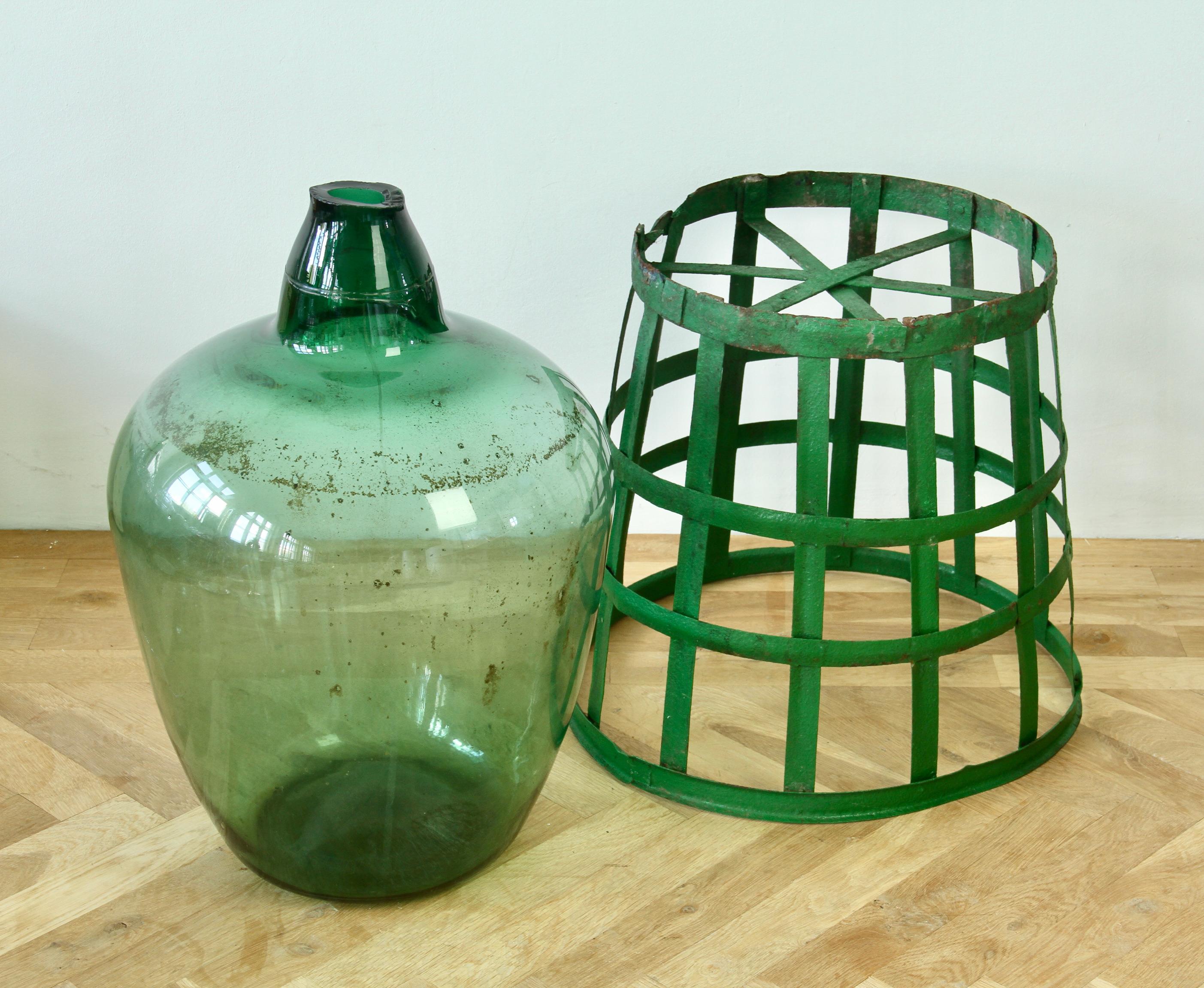 Large Green Glass Hungarian Demijohn, Amphora or Vase with Original Iron Basket For Sale 9