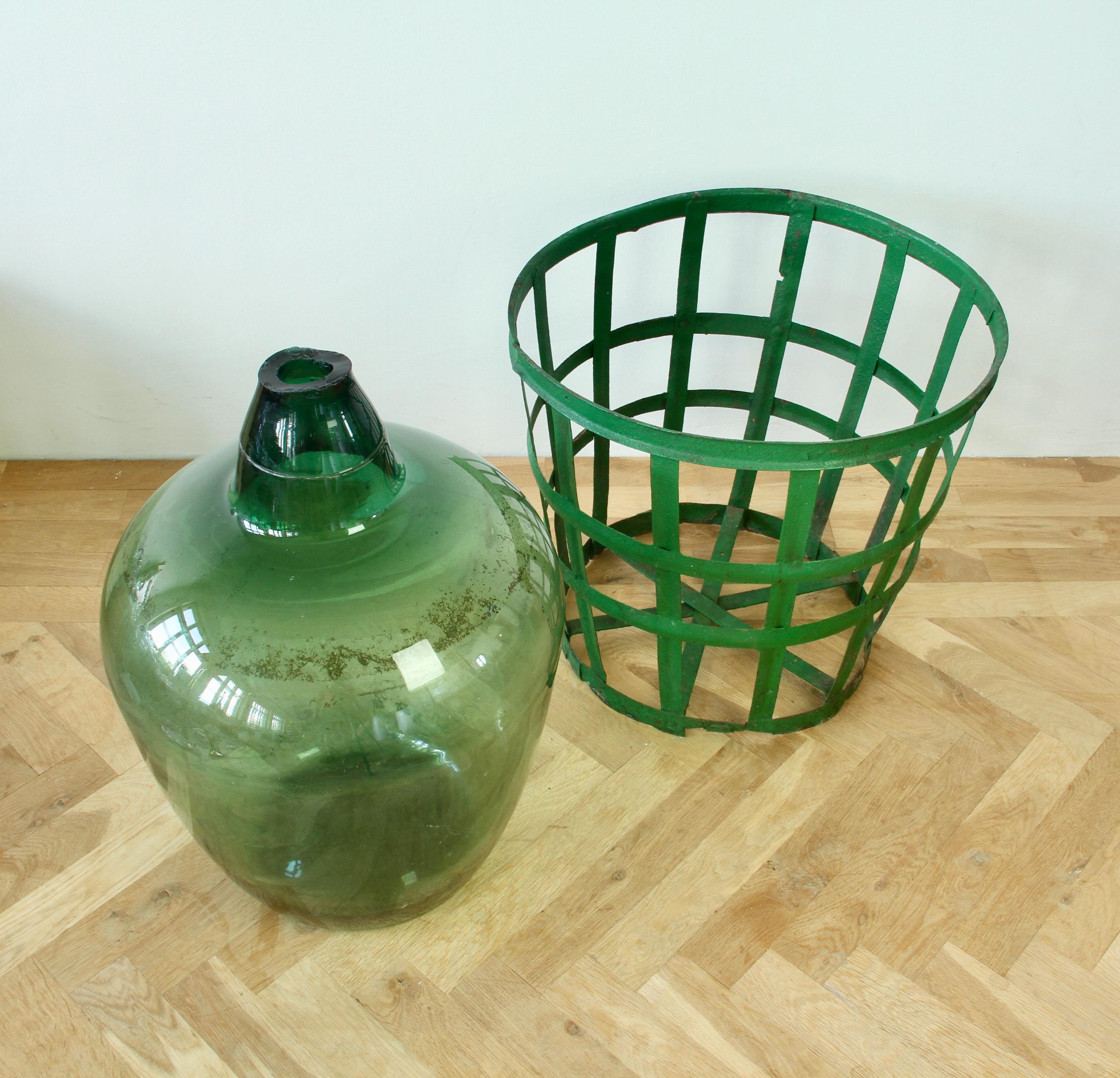 Large Green Glass Hungarian Demijohn, Amphora or Vase with Original Iron Basket For Sale 10