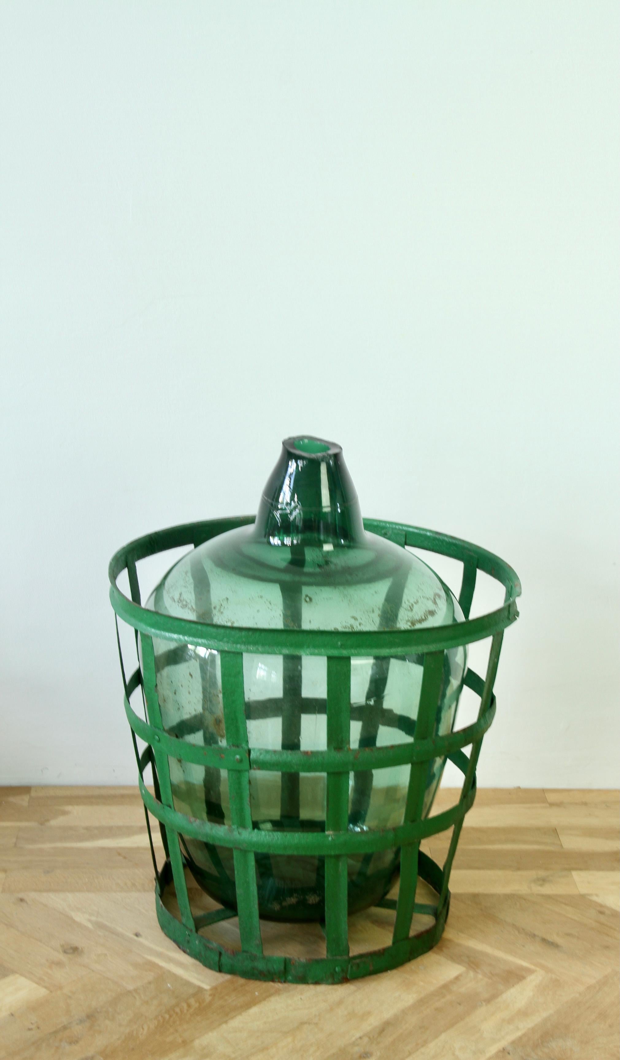 Painted Large Green Glass Hungarian Demijohn, Amphora or Vase with Original Iron Basket For Sale