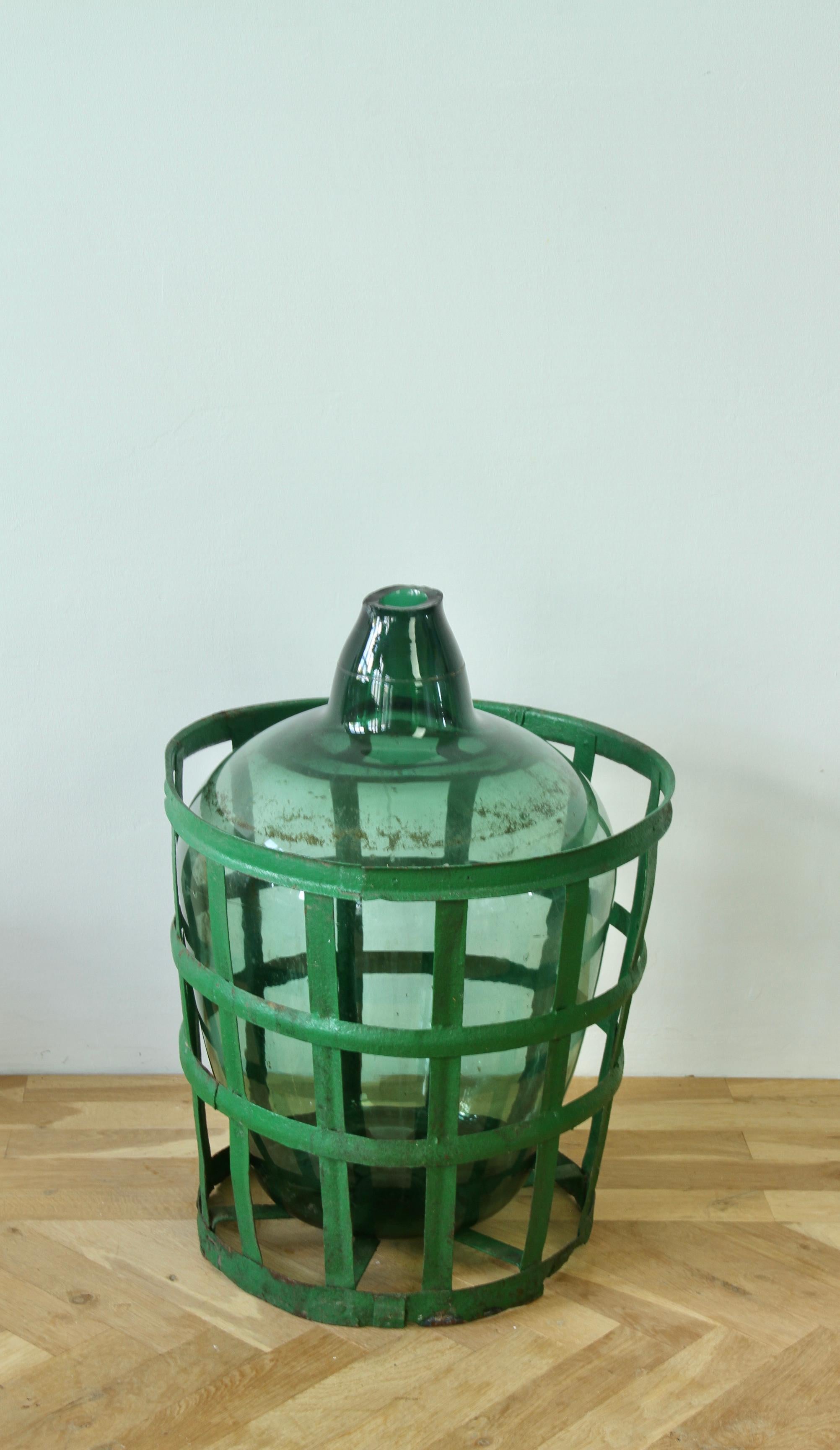 Large Green Glass Hungarian Demijohn, Amphora or Vase with Original Iron Basket For Sale 1