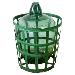 Antique Large Green Glass Hungarian Demijohn, Amphora or Vase with Original Iron Basket