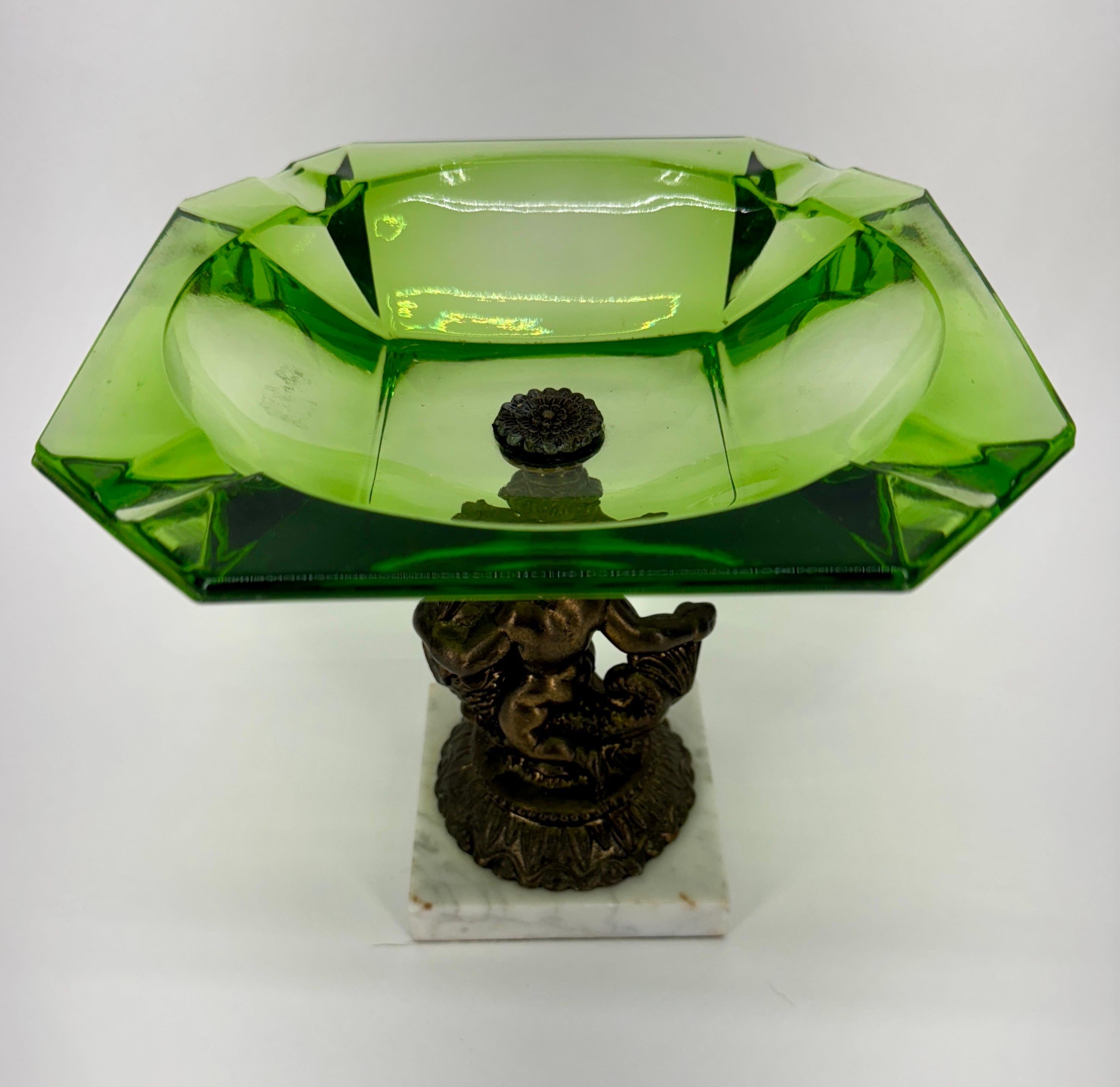 Large Green Glass Putti Bronze Marble Base Cigar Ashtray 2