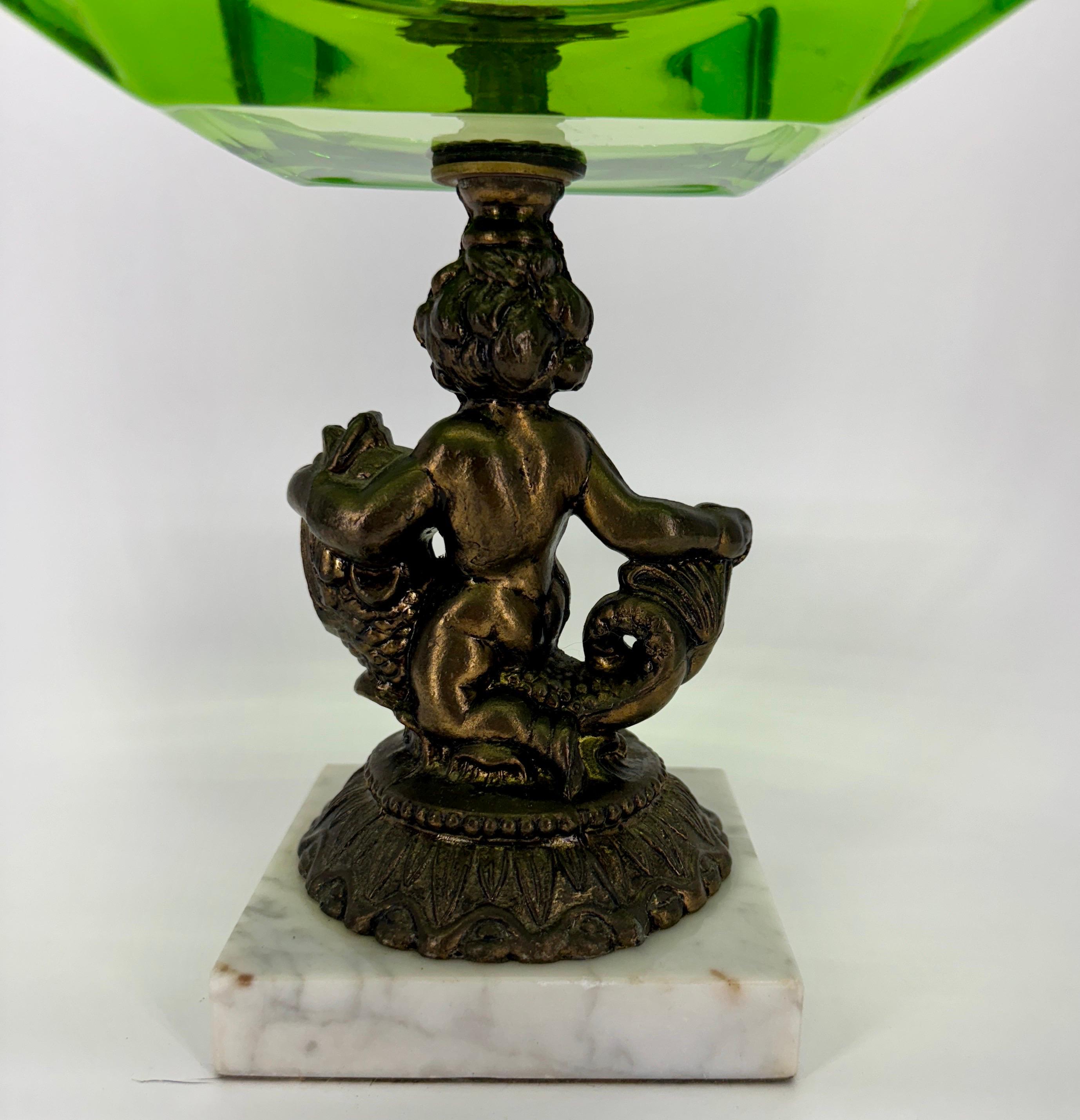 Large Green Glass Putti Bronze Marble Base Cigar Ashtray 5