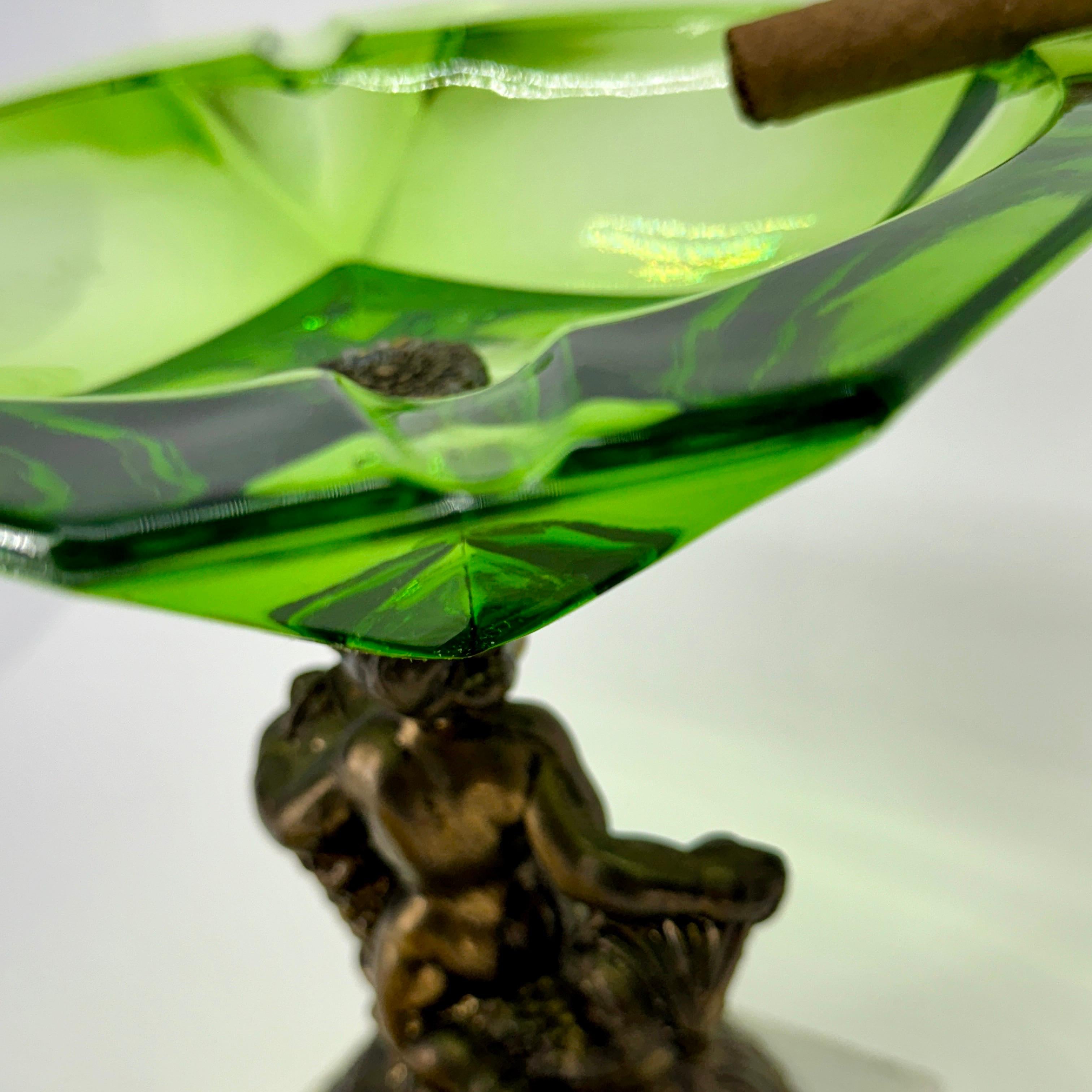 Large Green Glass Putti Bronze Marble Base Cigar Ashtray 8
