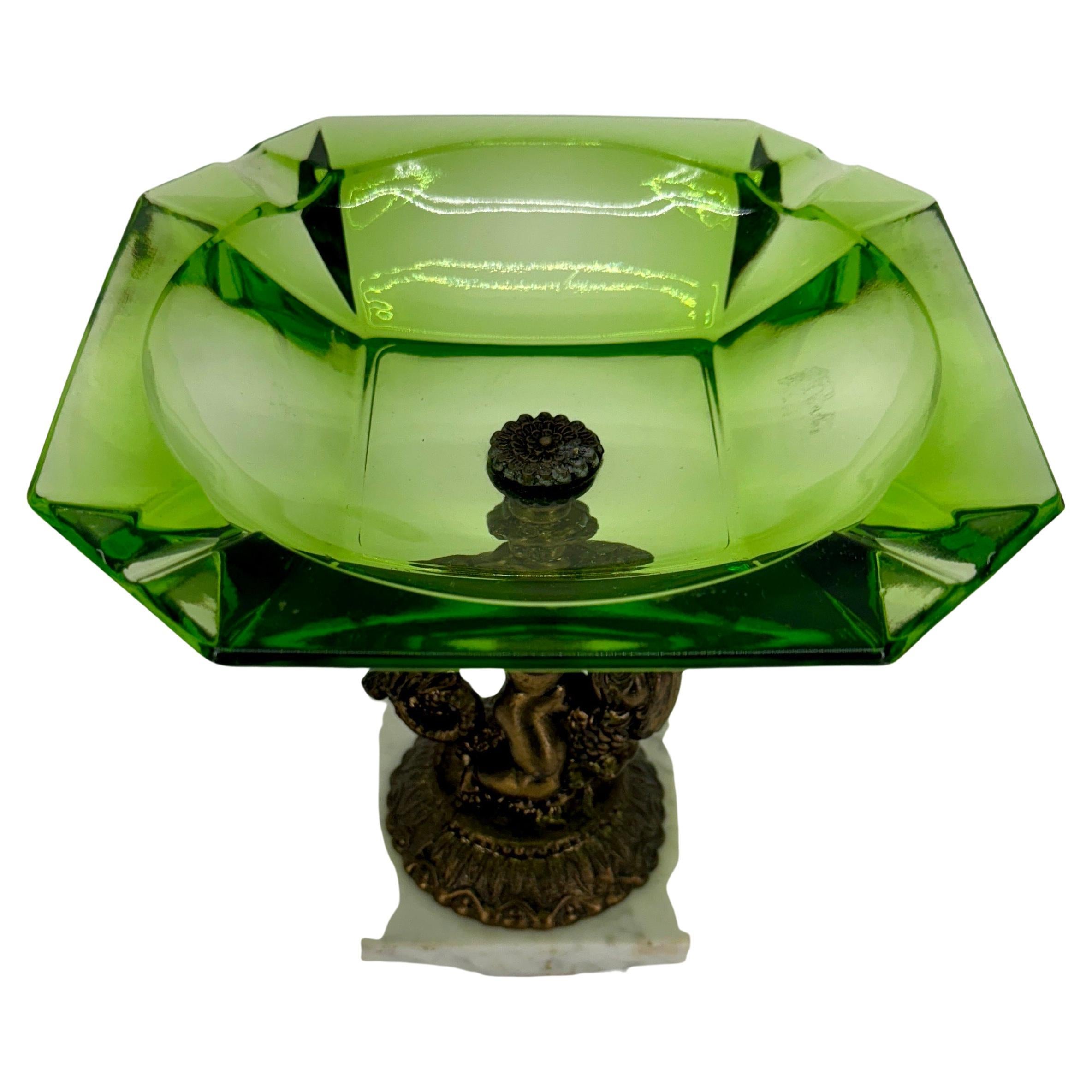 Mid-Century Modern Large Green Glass Putti Bronze Marble Base Cigar Ashtray