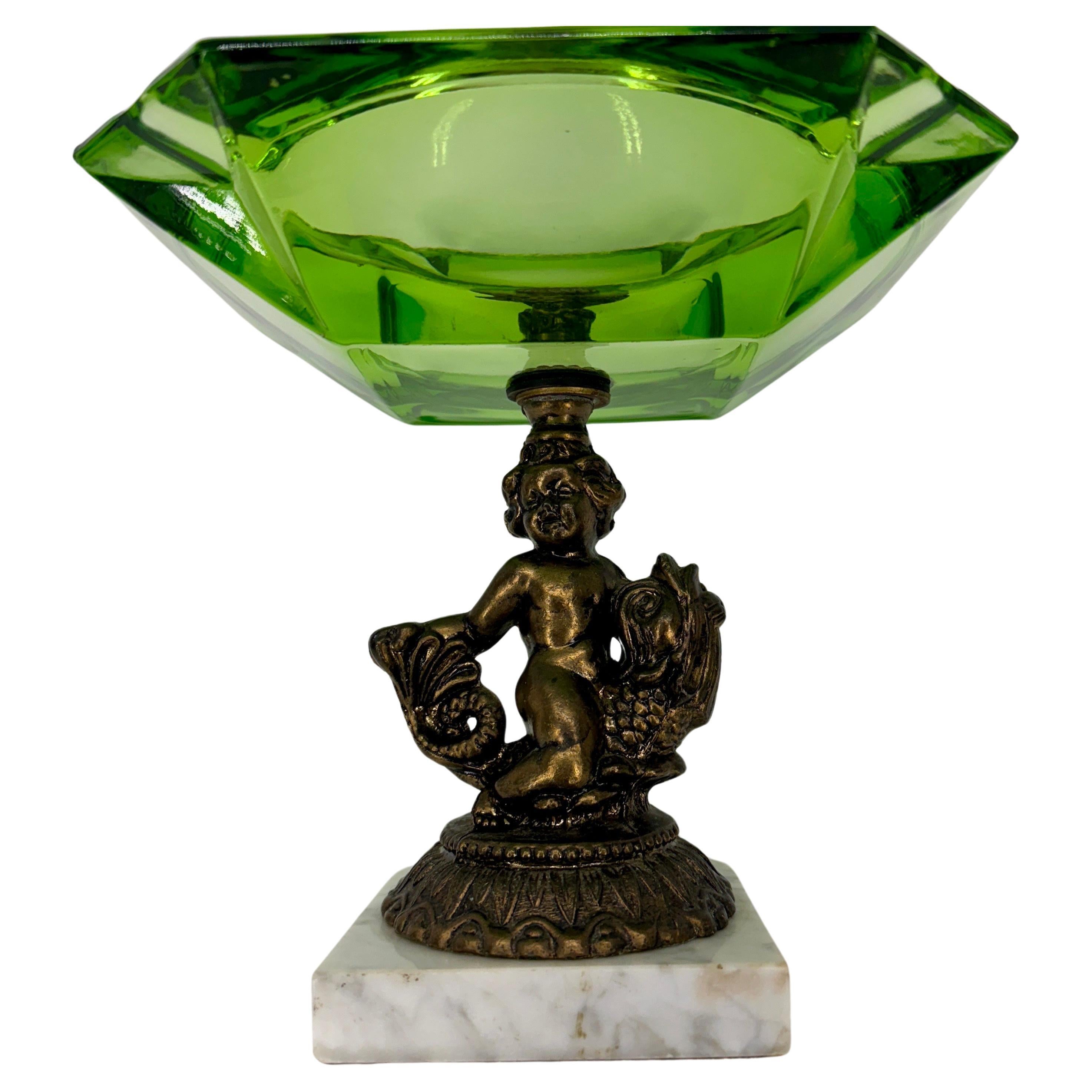 Hand-Crafted Large Green Glass Putti Bronze Marble Base Cigar Ashtray For Sale