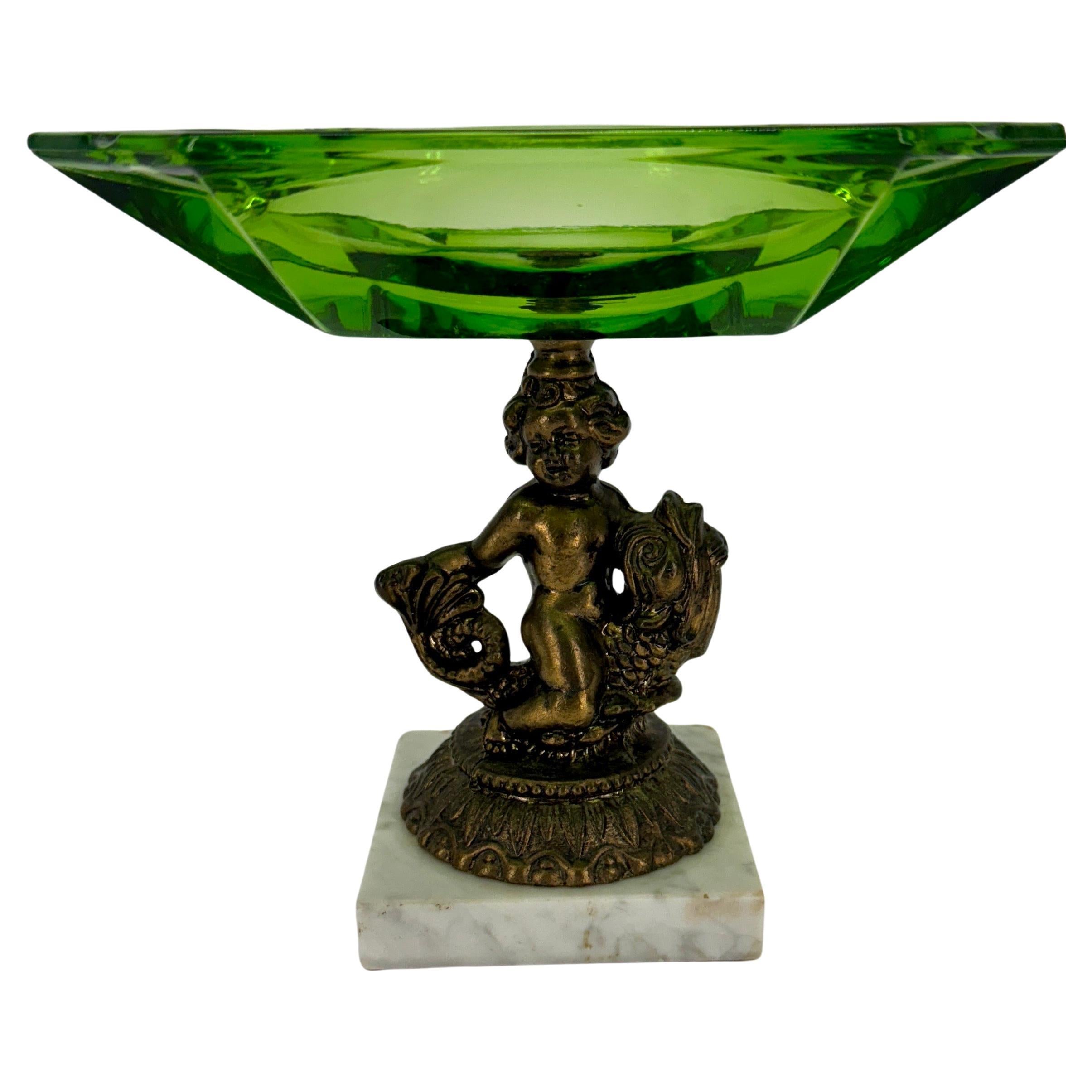 Large Green Glass Putti Bronze Marble Base Cigar Ashtray In Good Condition For Sale In Haddonfield, NJ