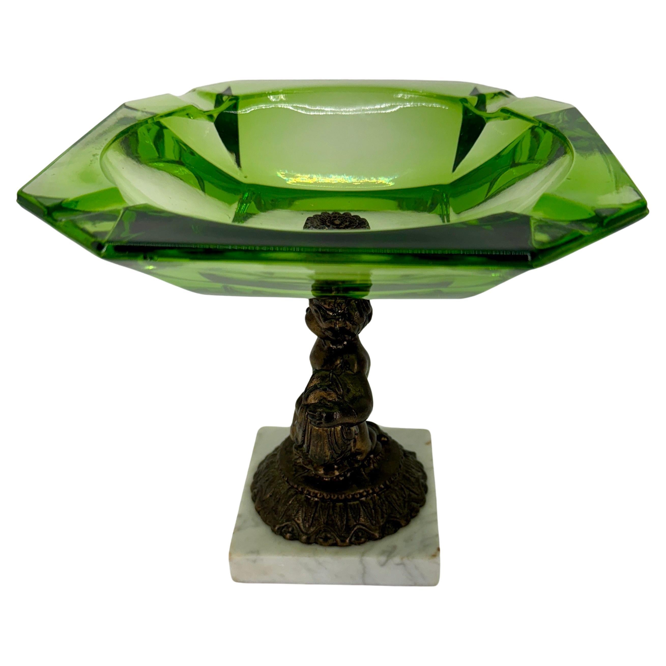 20th Century Large Green Glass Putti Bronze Marble Base Cigar Ashtray For Sale