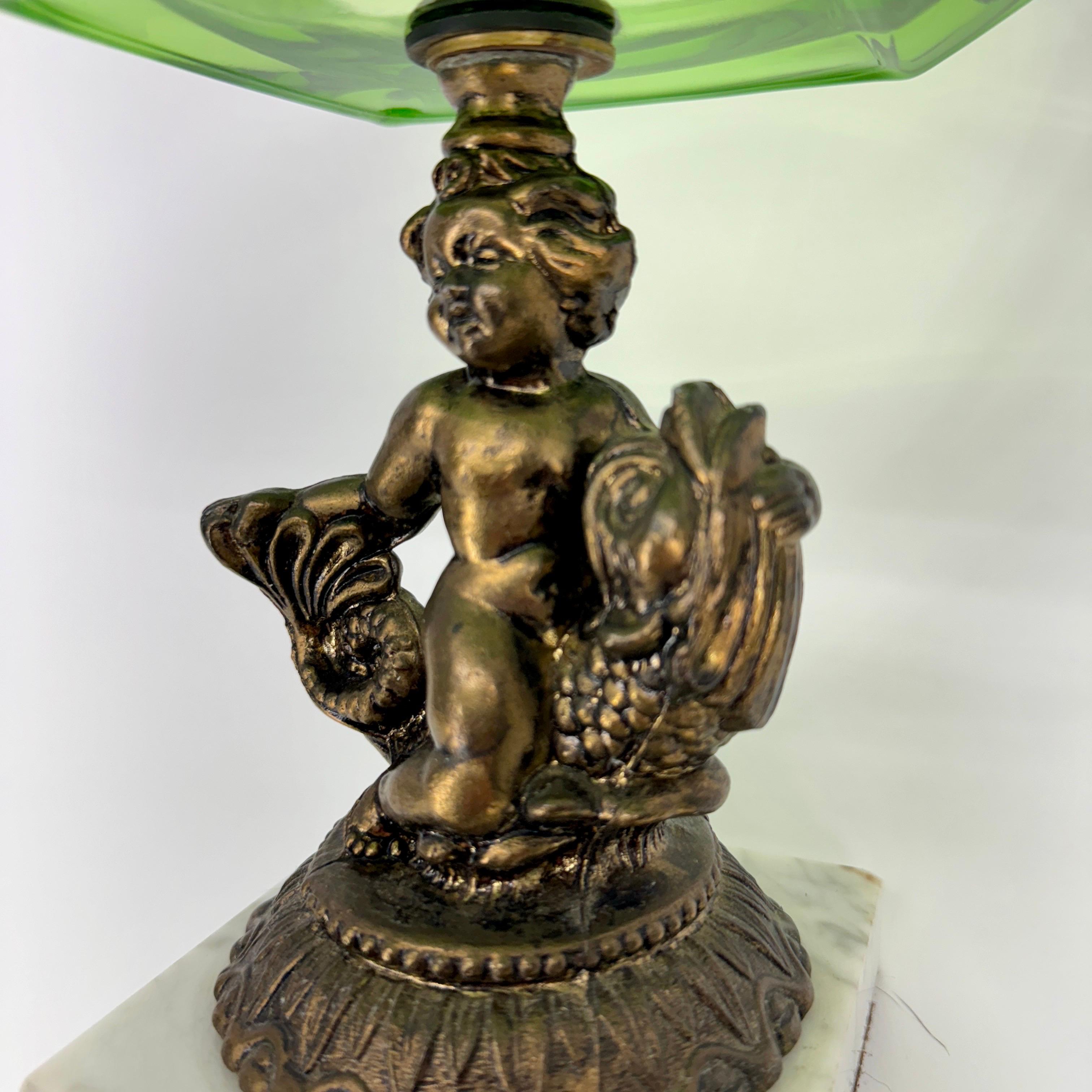 Large Green Glass Putti Bronze Marble Base Cigar Ashtray For Sale 1