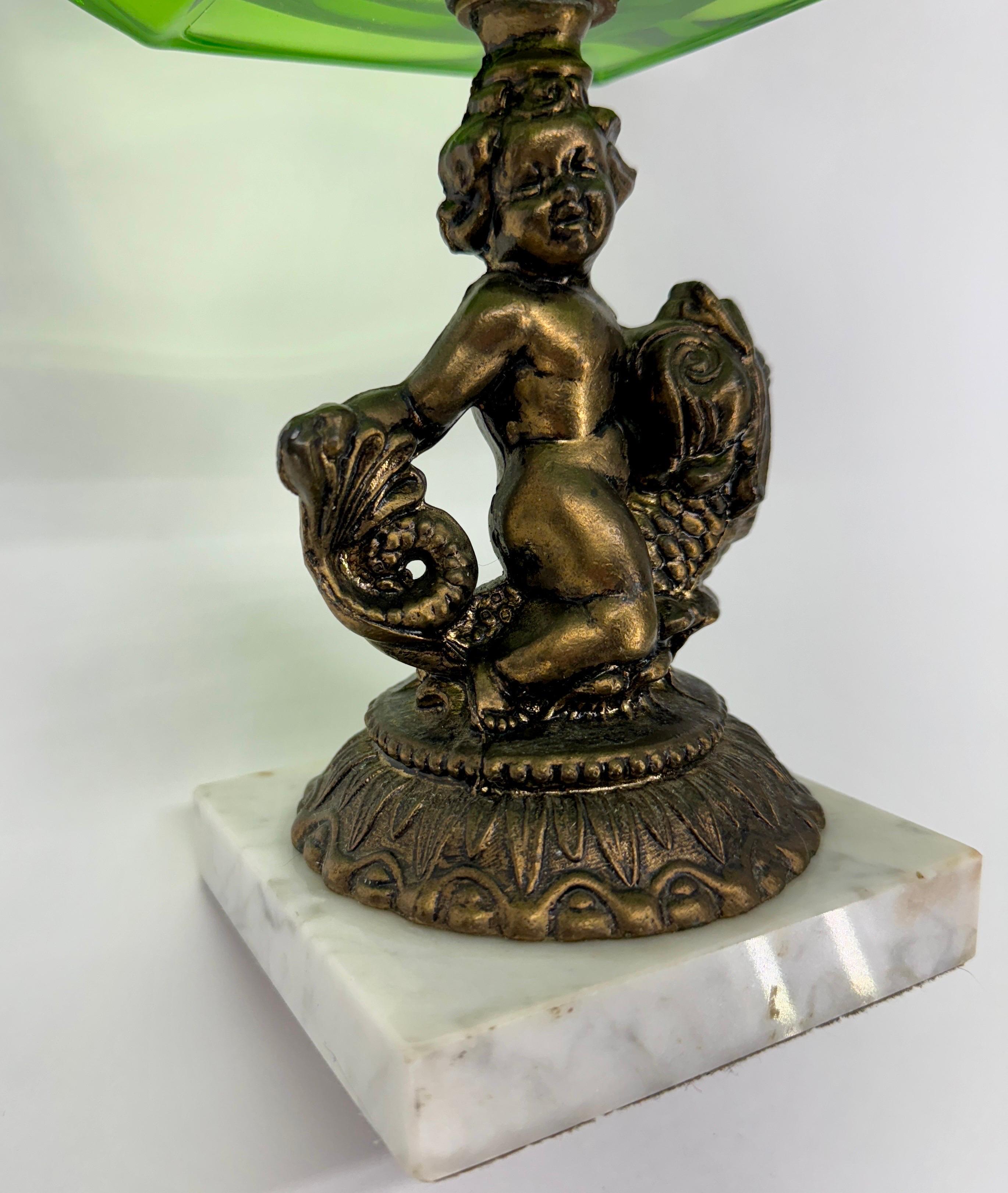 Large Green Glass Putti Bronze Marble Base Cigar Ashtray For Sale 2