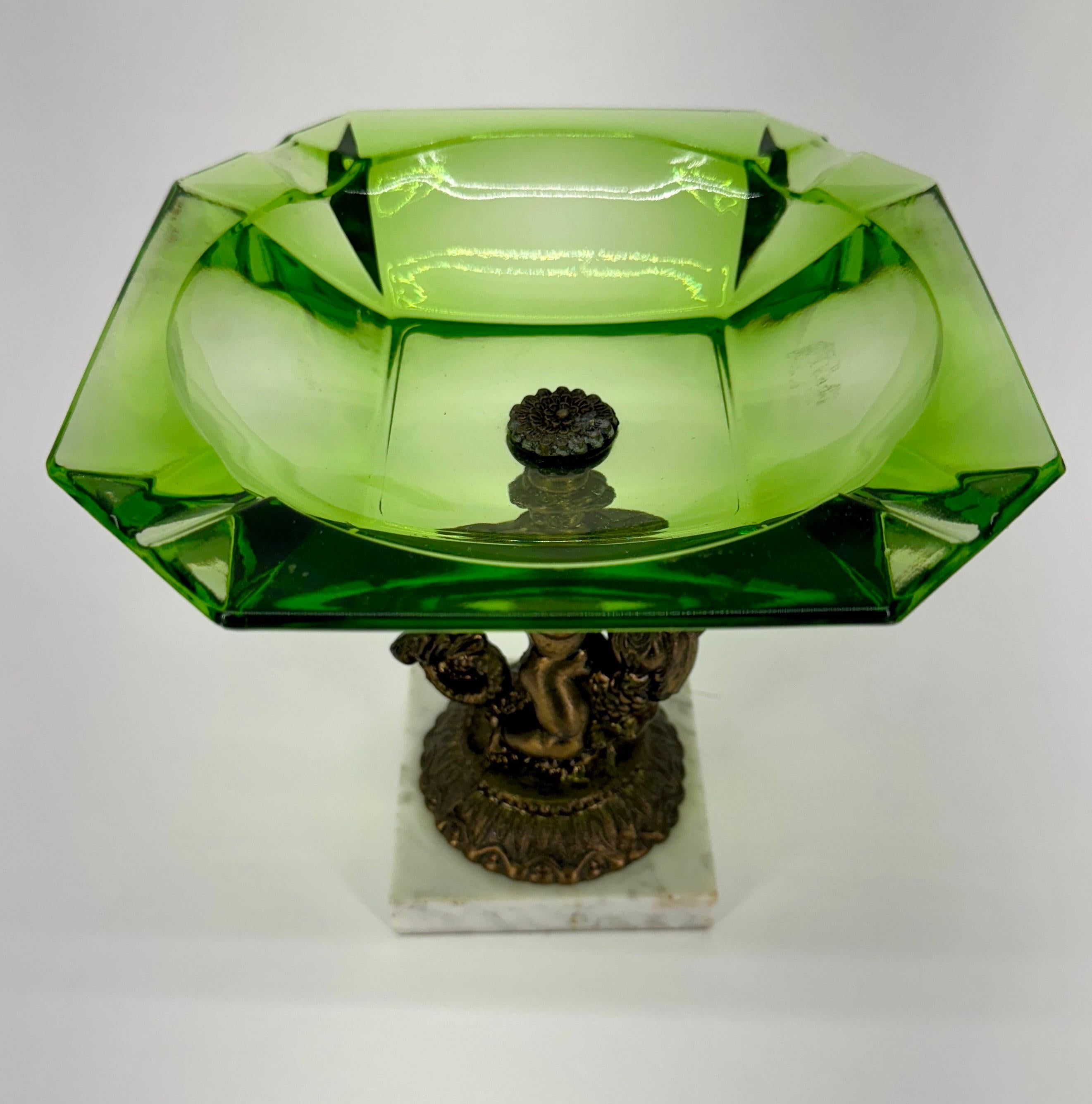 Large Green Glass Putti Bronze Marble Base Cigar Ashtray For Sale 3