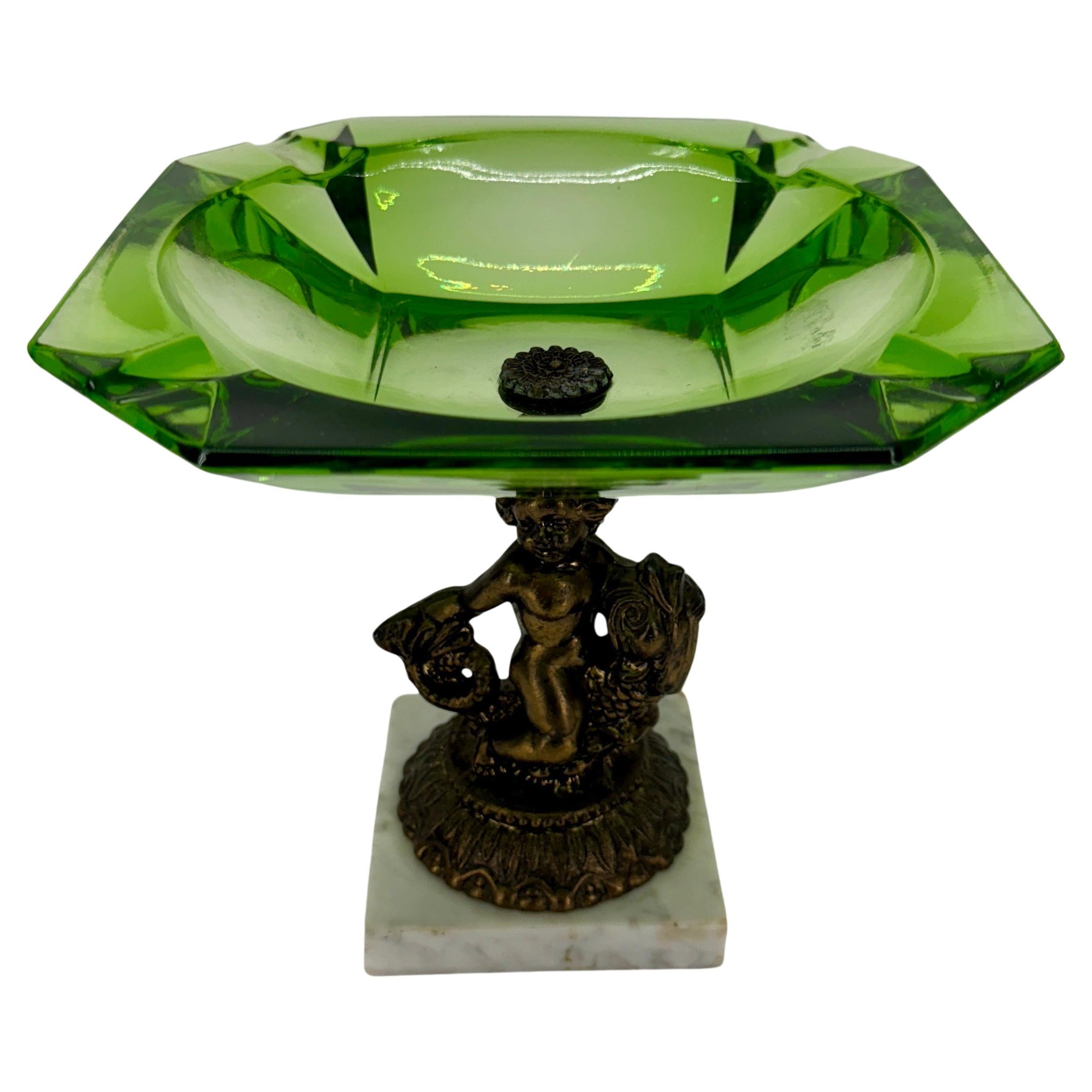 Large Green Glass Putti Bronze Marble Base Cigar Ashtray For Sale