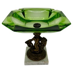 Antique Large Green Glass Putti Bronze Marble Base Cigar Ashtray