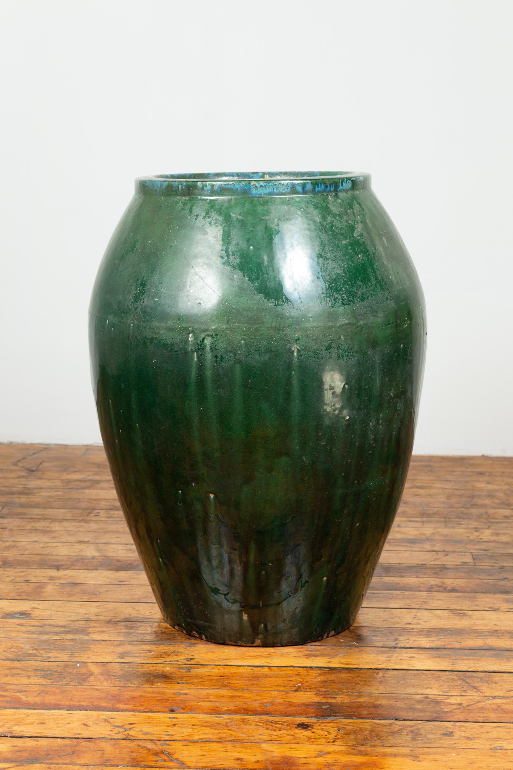 Large Green Glazed Ceramic Jar from the Early 20th Century with Tapering Body 1