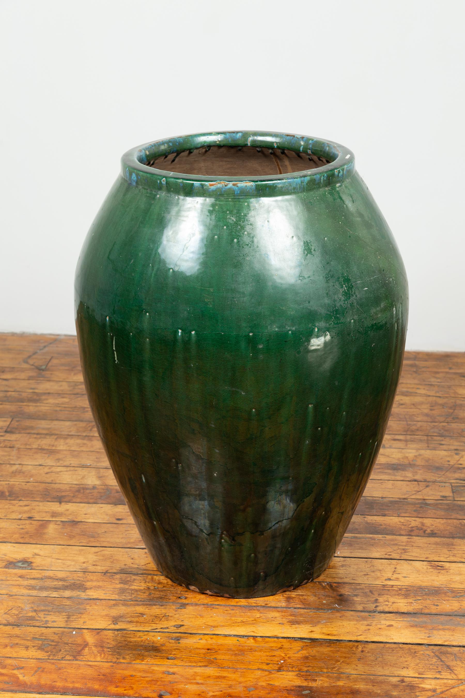 Large Green Glazed Ceramic Jar from the Early 20th Century with Tapering Body 2