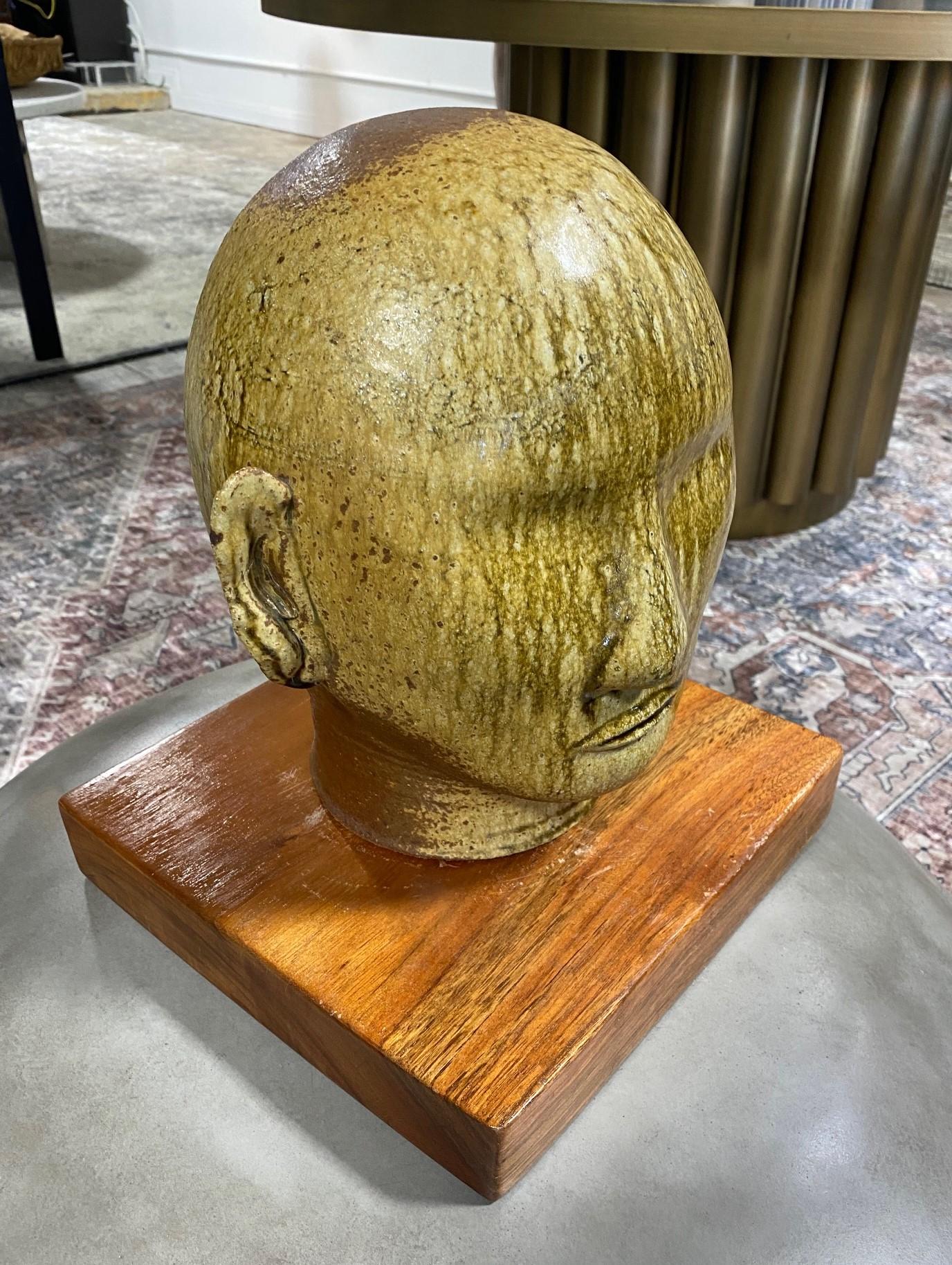 Large Green Glazed Ceramic Serene Buddha Head Bust Sculpture Custom Wood Stand For Sale 6