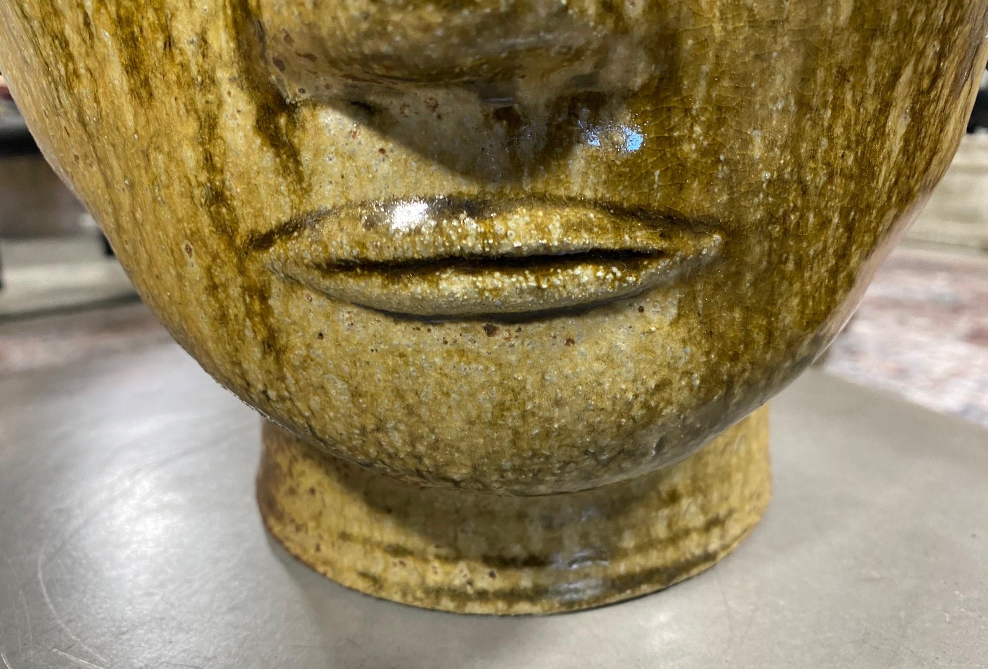 Large Green Glazed Ceramic Serene Buddha Head Bust Sculpture Custom Wood Stand For Sale 9