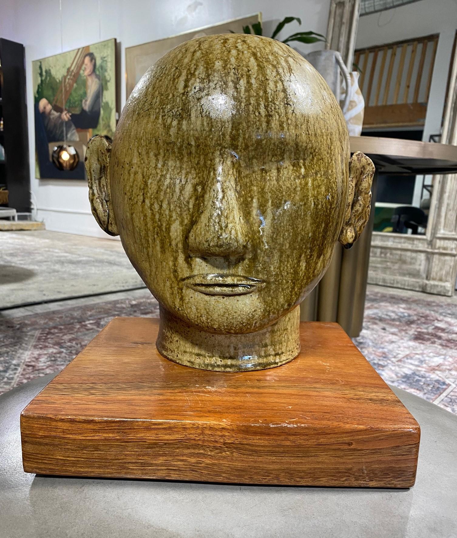 Large Green Glazed Ceramic Serene Buddha Head Bust Sculpture Custom Wood Stand For Sale 11