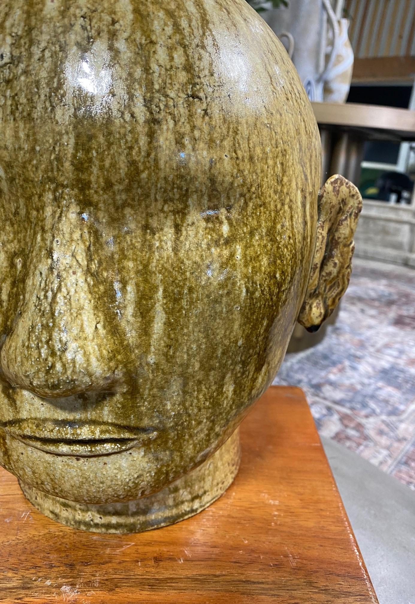 Asian Large Green Glazed Ceramic Serene Buddha Head Bust Sculpture Custom Wood Stand For Sale