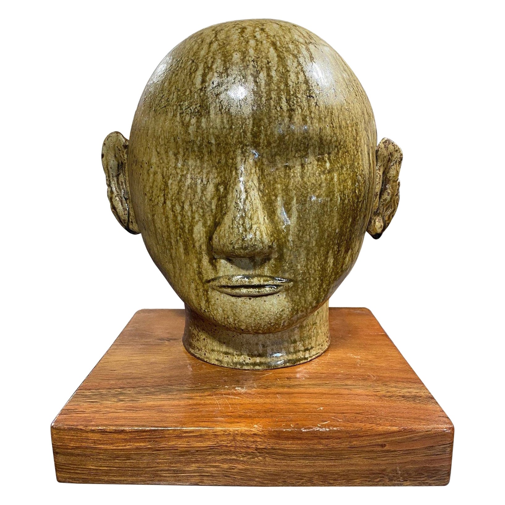 Große grün glasierte Keramik Serene Buddha Kopf Büste Skulptur benutzerdefinierte Wood Stand
