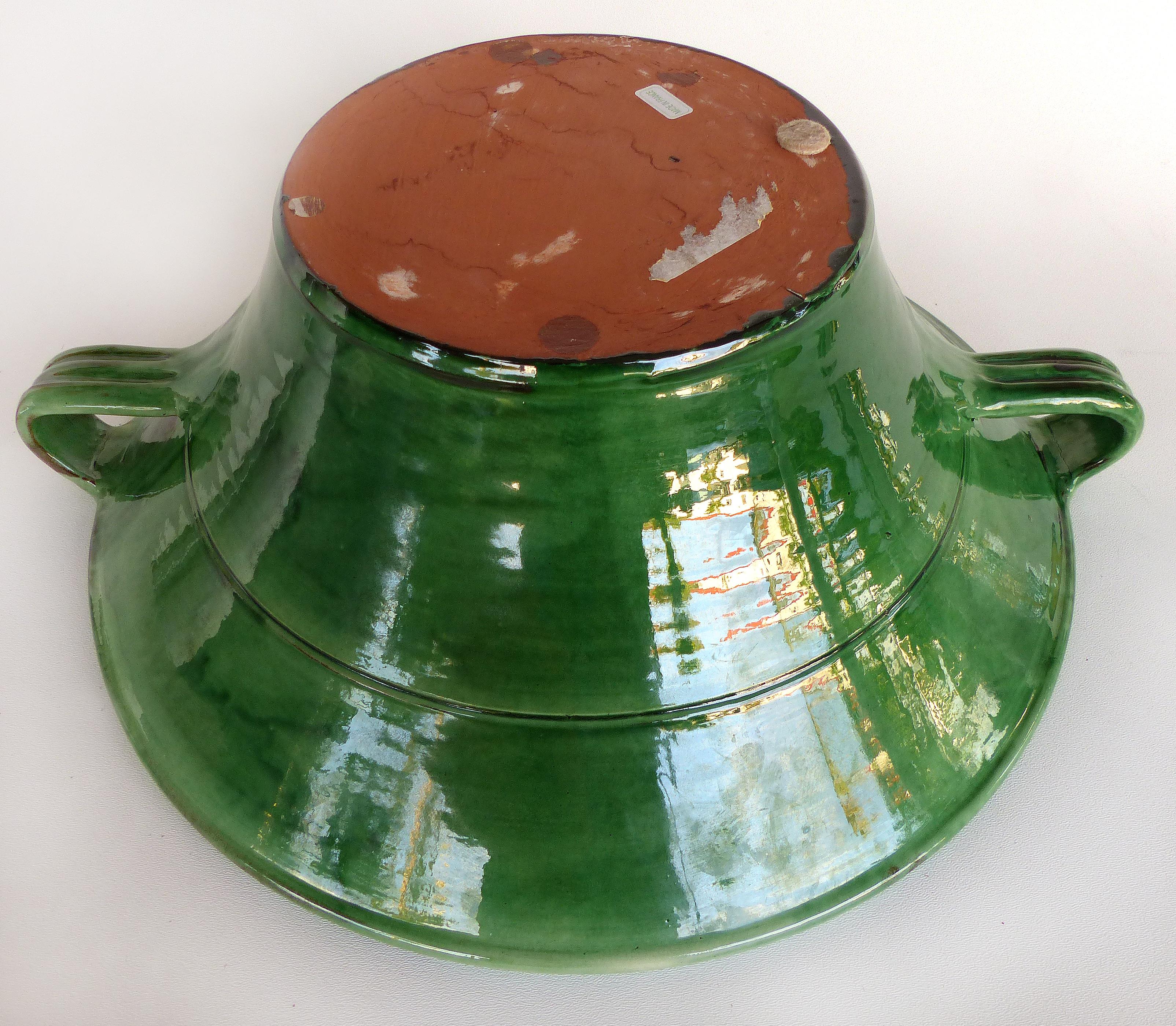 Contemporary Large Green Glazed French Terracotta Two Handled Vessel with Spout