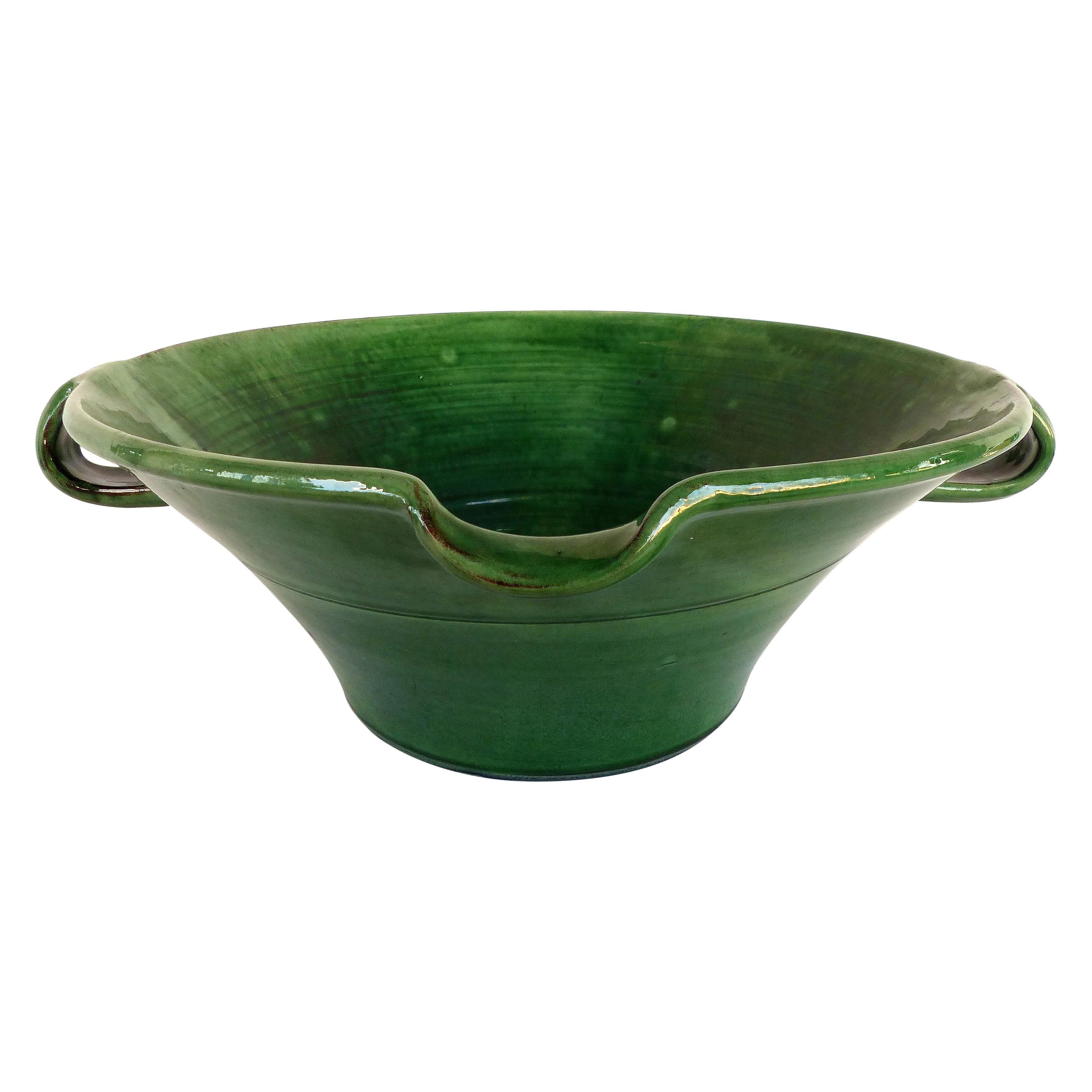 Large Green Glazed French Terracotta Two Handled Vessel with Spout