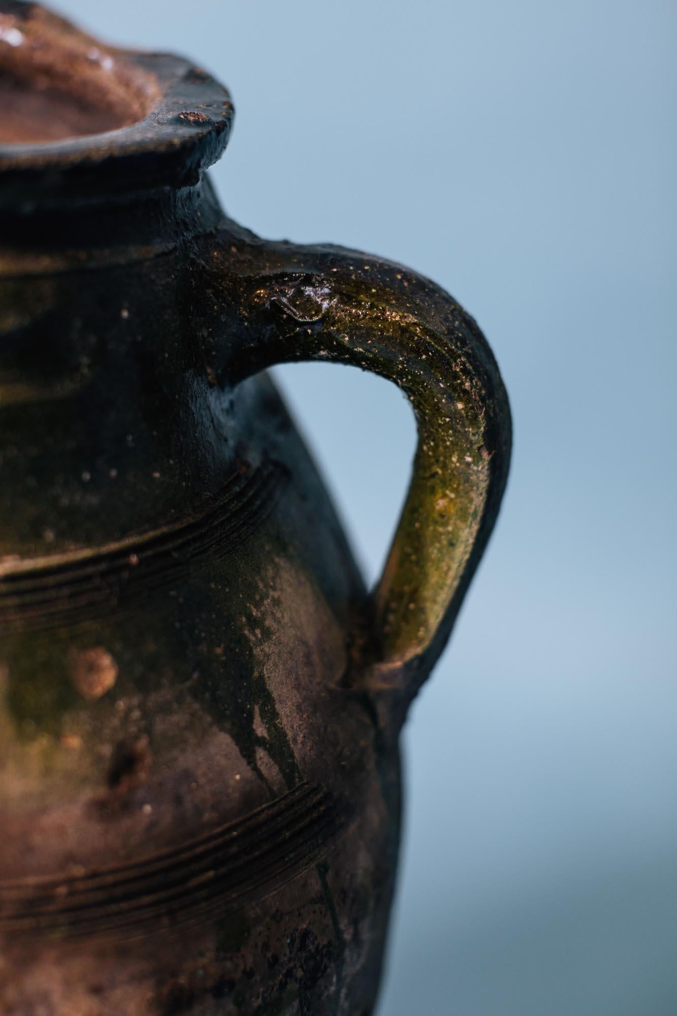 Turkish Large Green-Glazed Terracotta Storage Jar, Early 20th Century Mediterranean Pott For Sale
