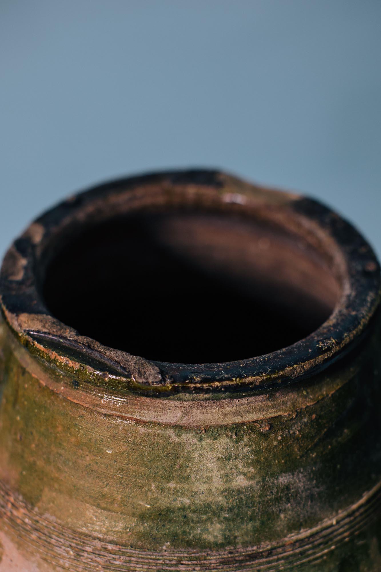 Hand-Carved Large Green-Glazed Terracotta Storage Jar, Early 20th Century Mediterranean Pott For Sale