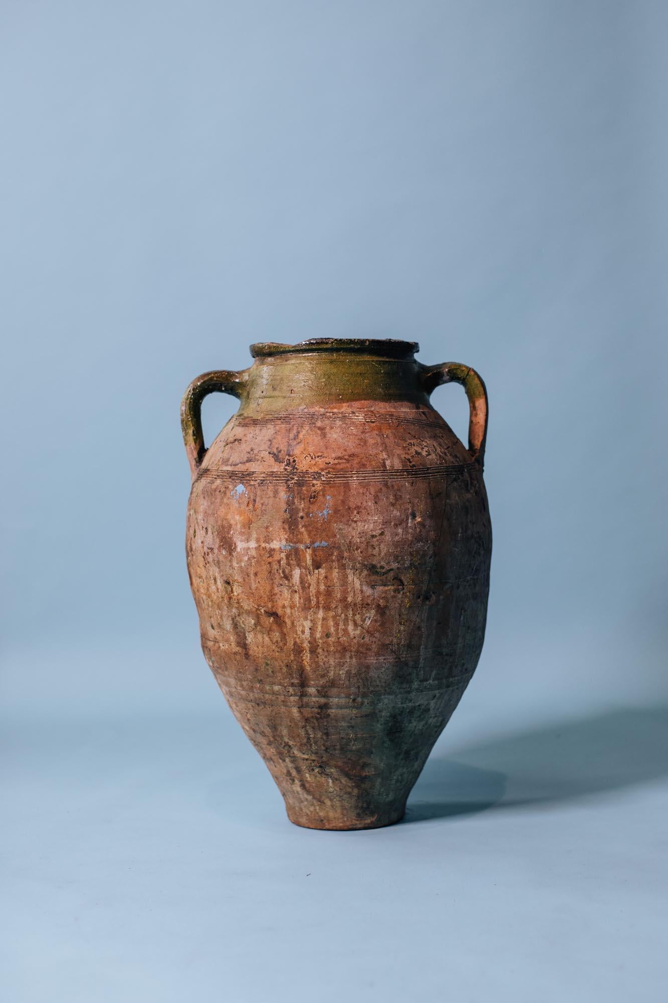 Mid-20th Century Large Green-Glazed Terracotta Storage Jar, Early 20th Century Mediterranean Pott For Sale