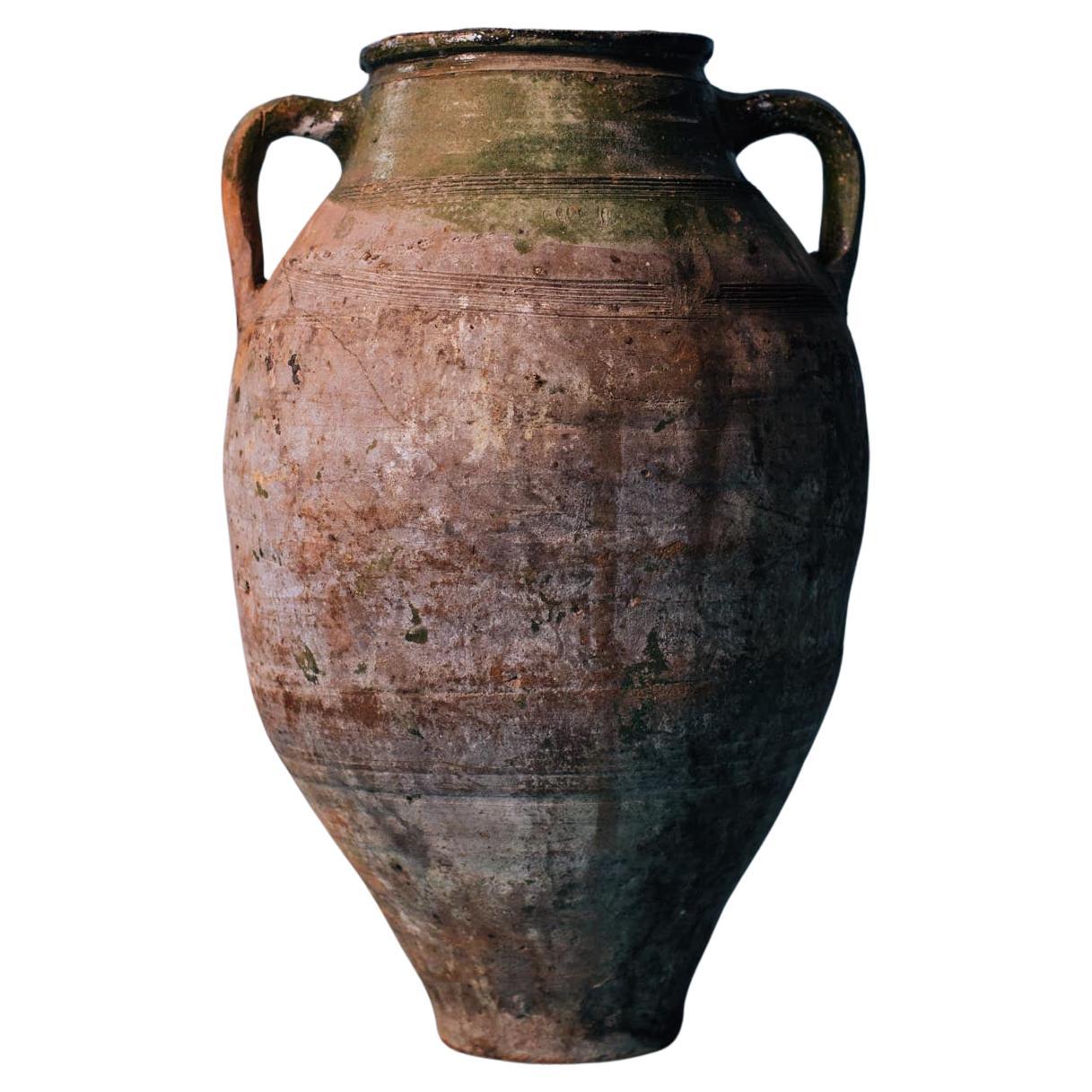 Large Green-Glazed Terracotta Storage Jar, Early 20th Century Mediterranean Pott For Sale