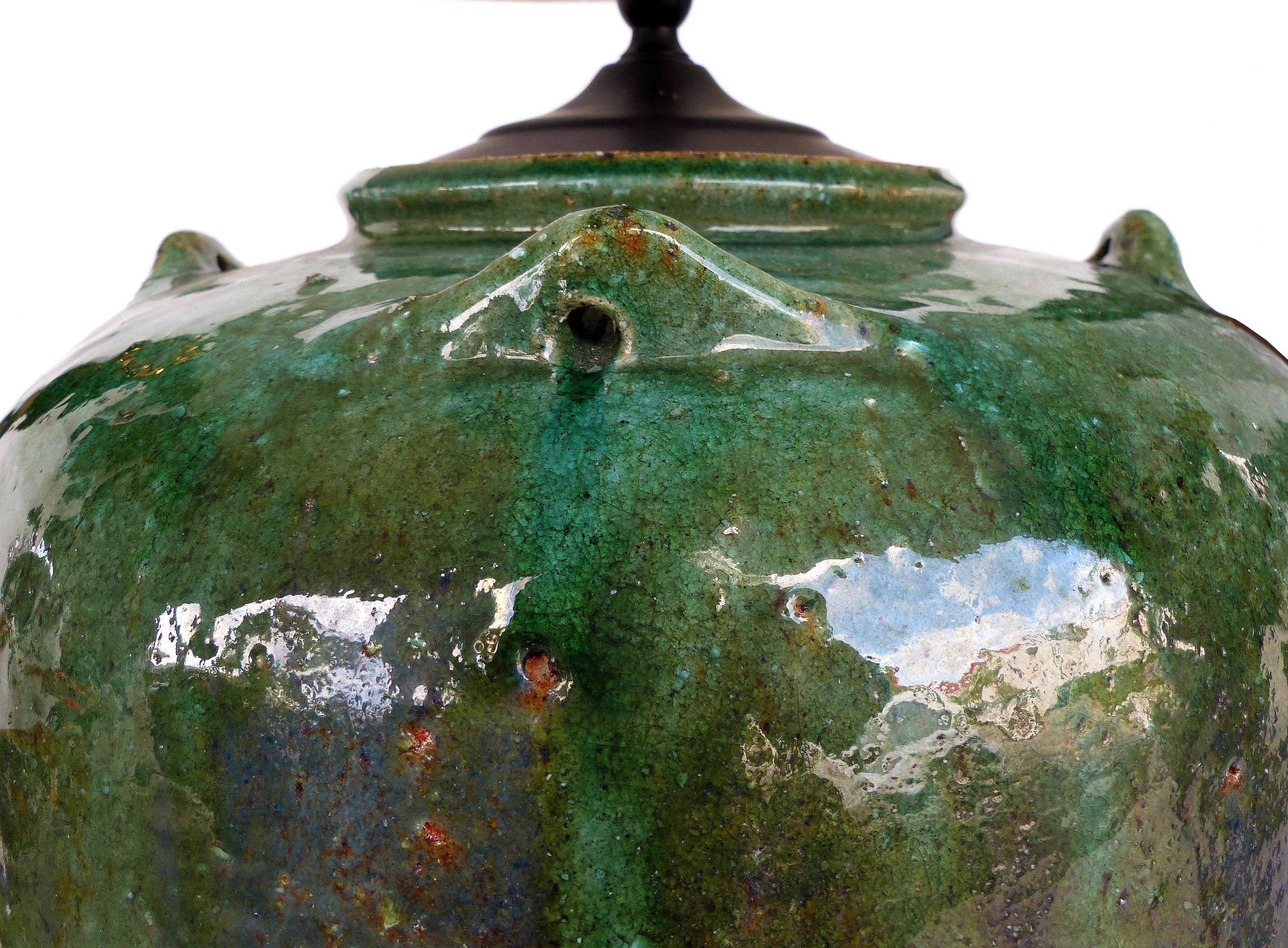 Large Green Glazed Terracotta Vessel Mounted as a Lamp In Good Condition In Miami, FL