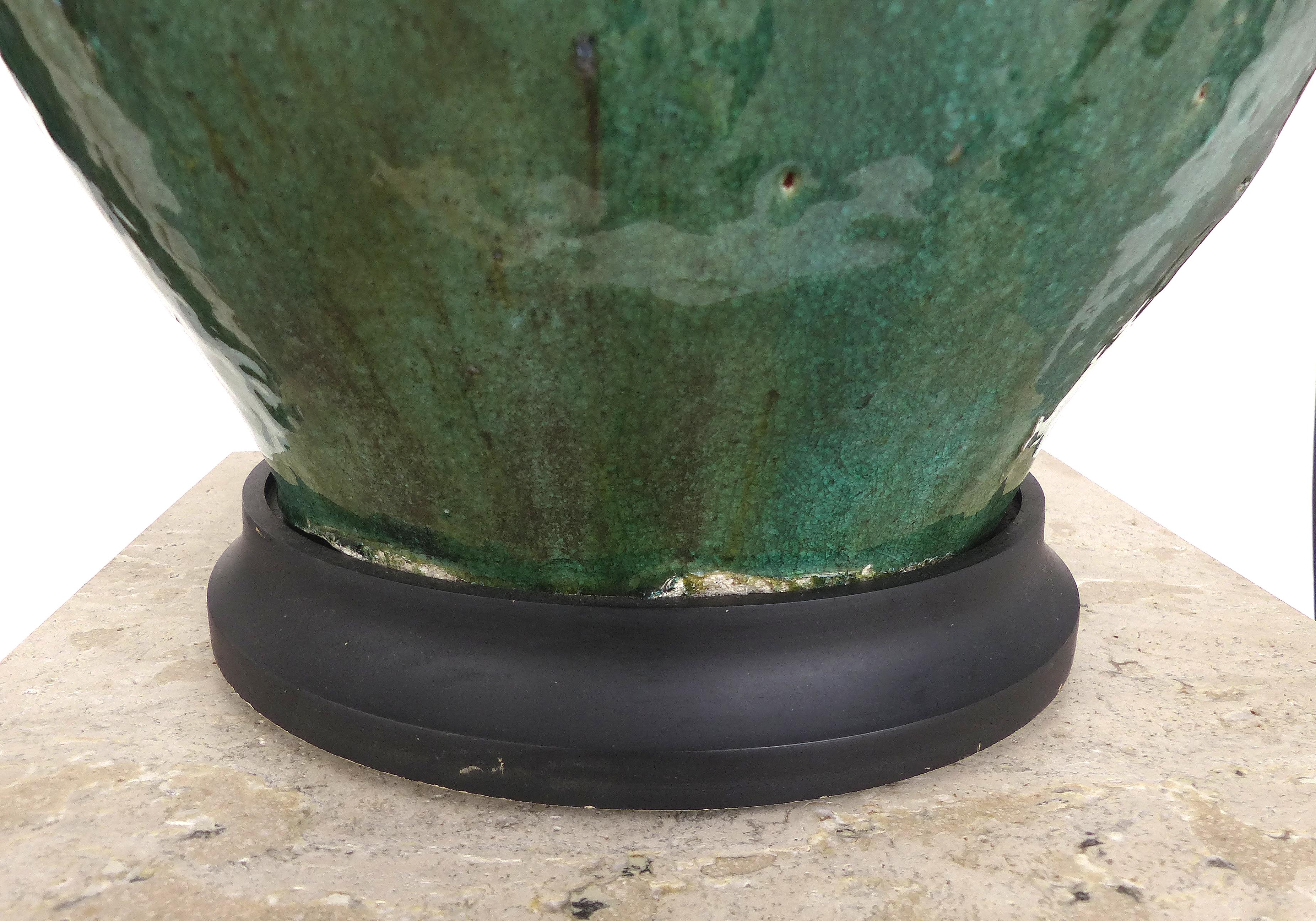 Large Green Glazed Terracotta Vessel Mounted as a Lamp 1