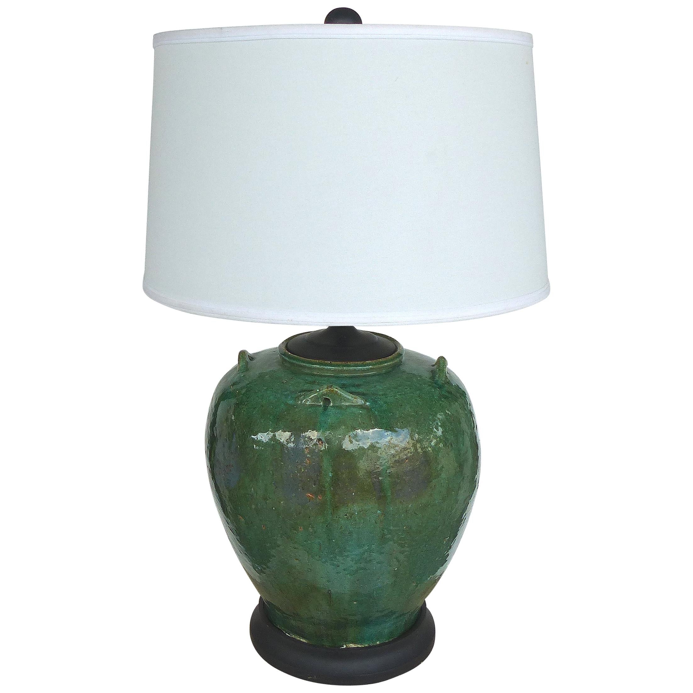 Large Green Glazed Terracotta Vessel Mounted as a Lamp