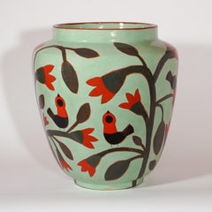 Large green glazed vase with black and red birds by Beatriz Garrigo, 2023