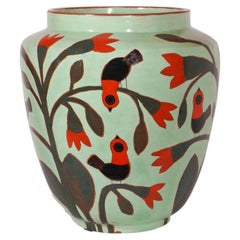 Large green glazed vase with black and red birds by Beatriz Garrigo, 2023