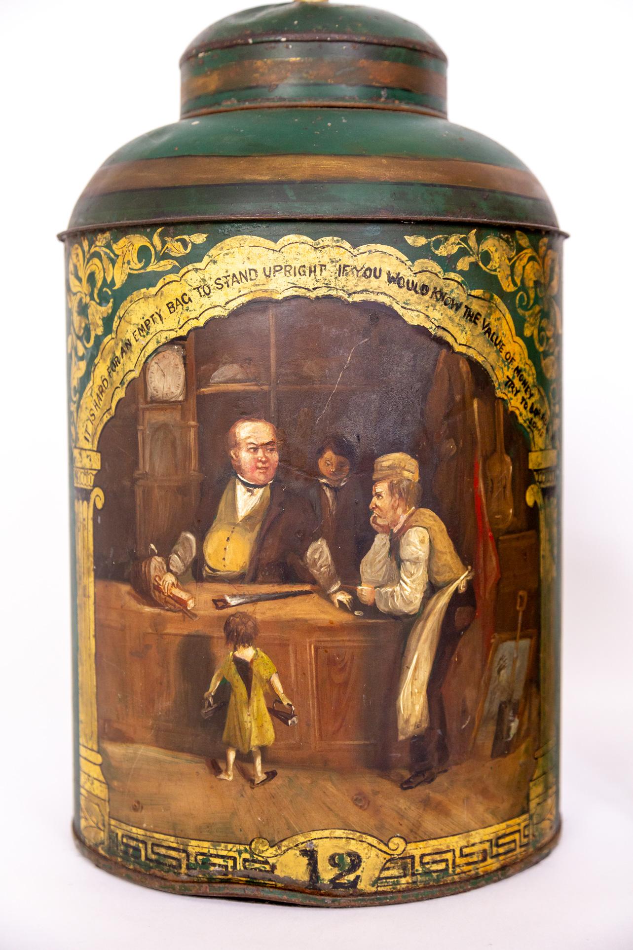 Large Green Hand-Painted English Tea Canister Lamps (Pair) For Sale 4