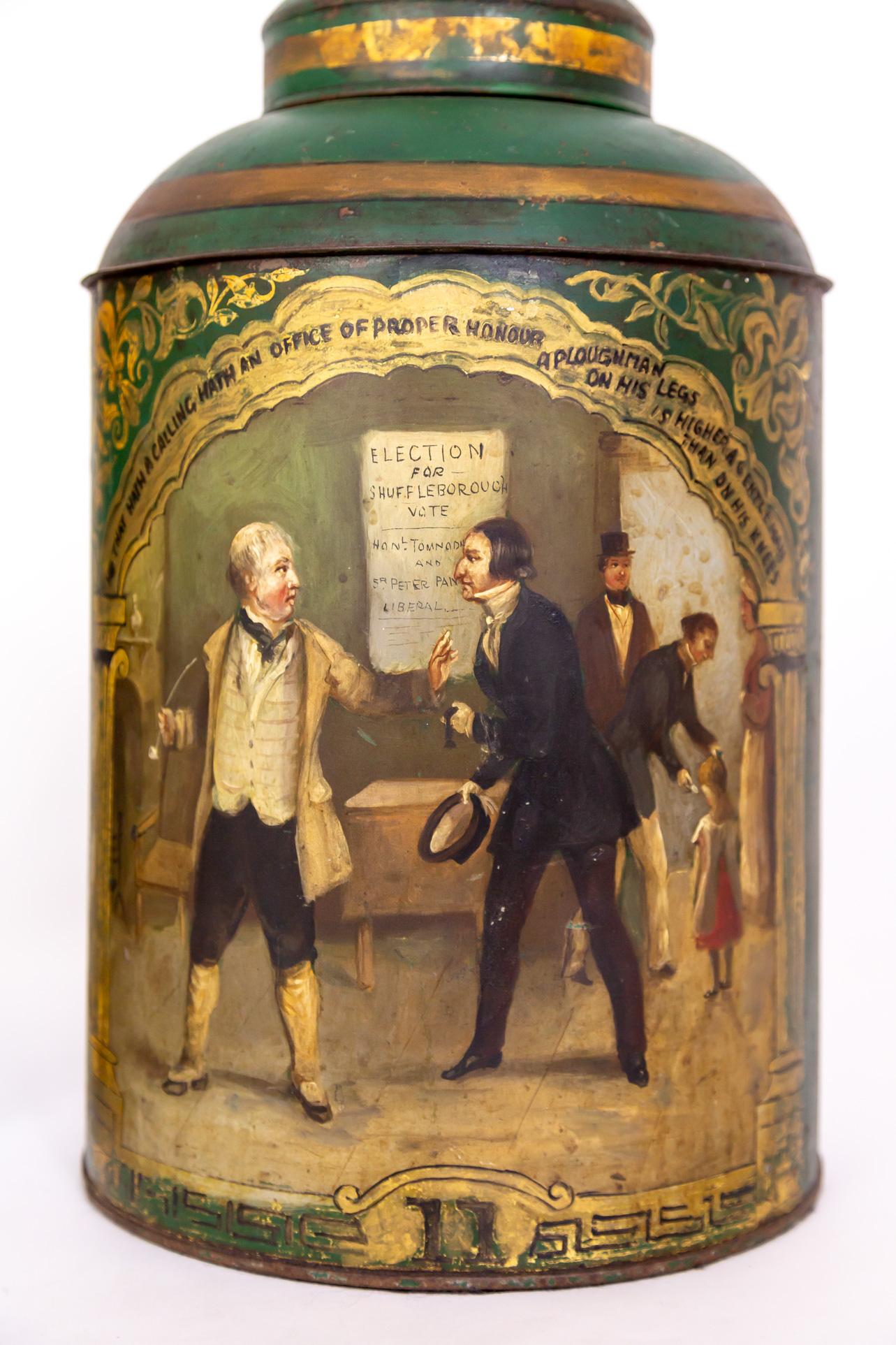 Large Green Hand-Painted English Tea Canister Lamps (Pair) For Sale 5